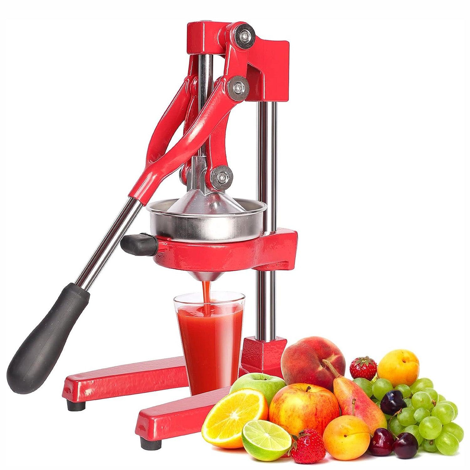 Vilobos Heavy Duty Manual Citrus Juicer Stainless Steel Hand Press Juice Squeezer with Cast Iron Base and Handle Lemon Orange Juicing Presser (Red)