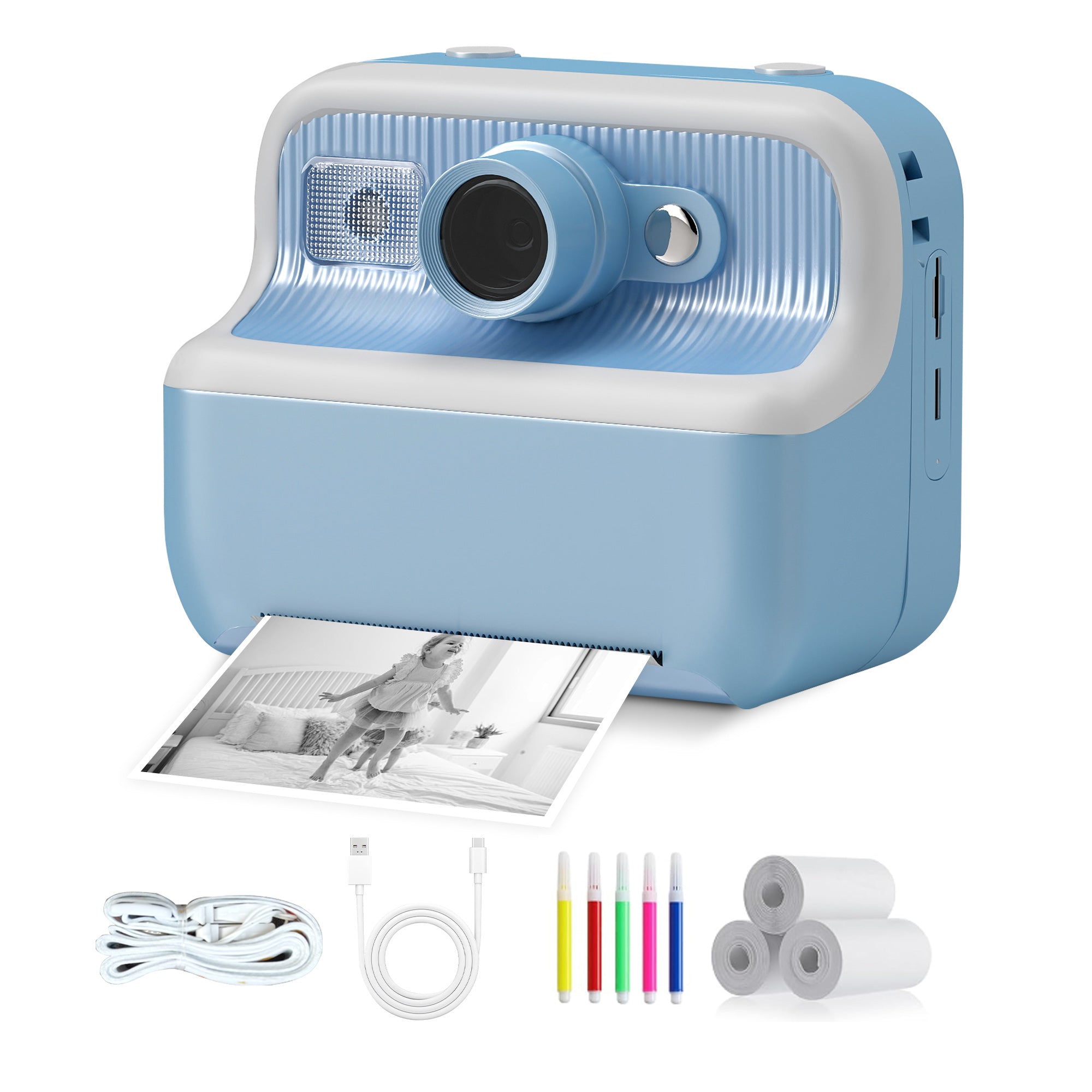 Kids Camera Instant Camera Christmas Birthday Gifts 1080P Digital Video Camera with 3 Rolls Paper, Blue - Luckyermore