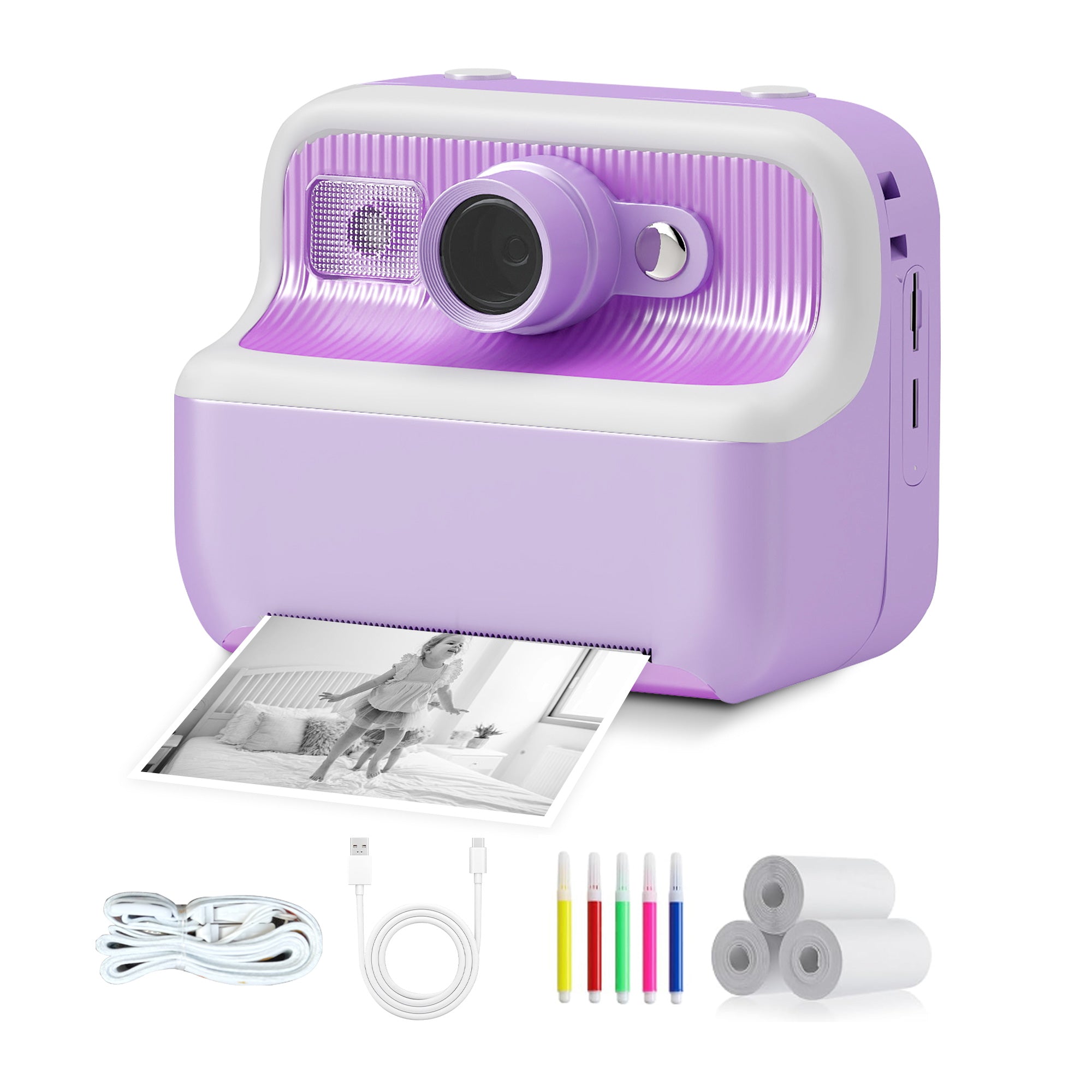 Kids Camera Instant Camera Christmas Birthday Gifts 1080P Digital Video Camera with 3 Rolls Paper, Purple - Luckyermore