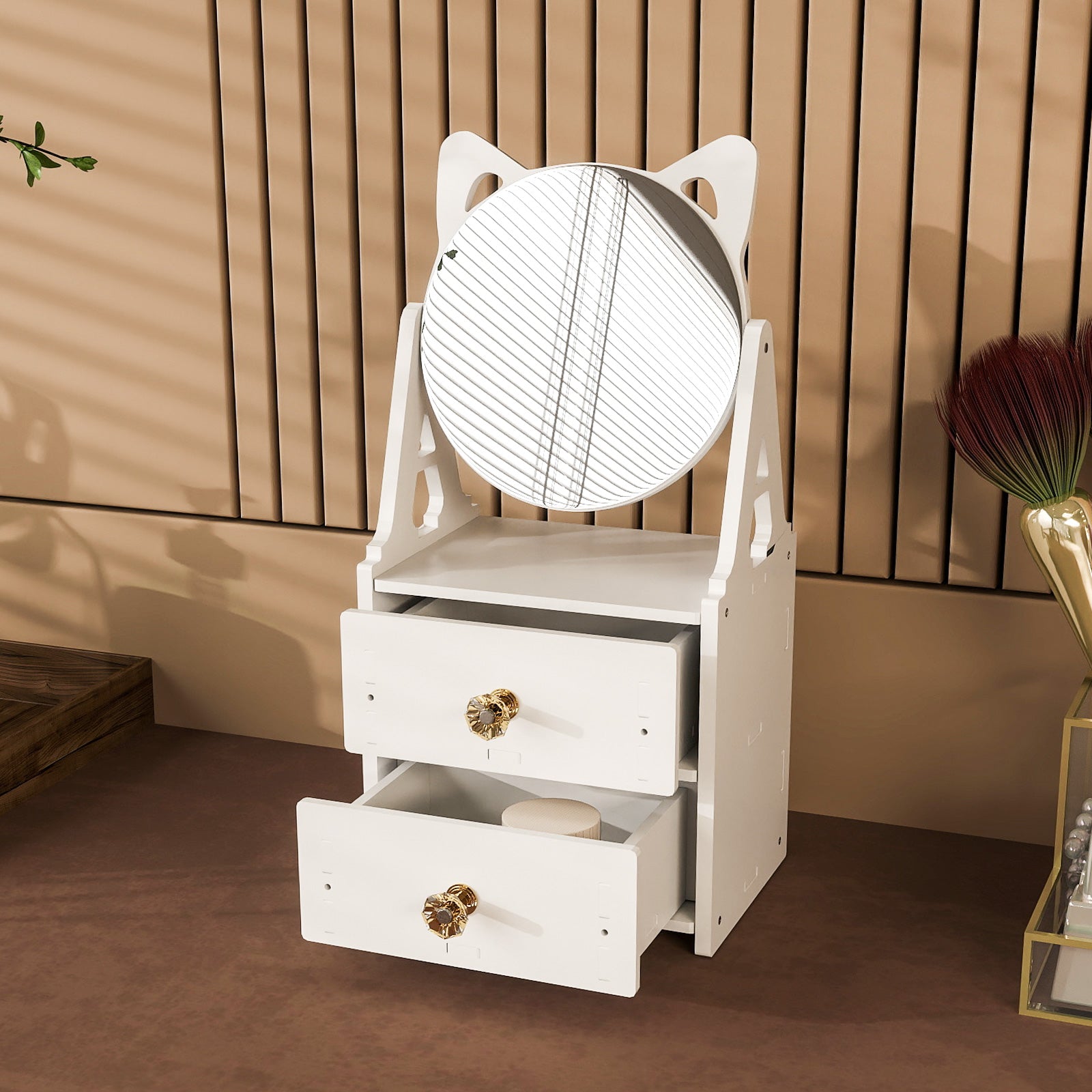 Makeup Storage Organizer for Vanity with Rotating Mirror and 2 Drawers Cosmetic Storage Box - Luckyermore