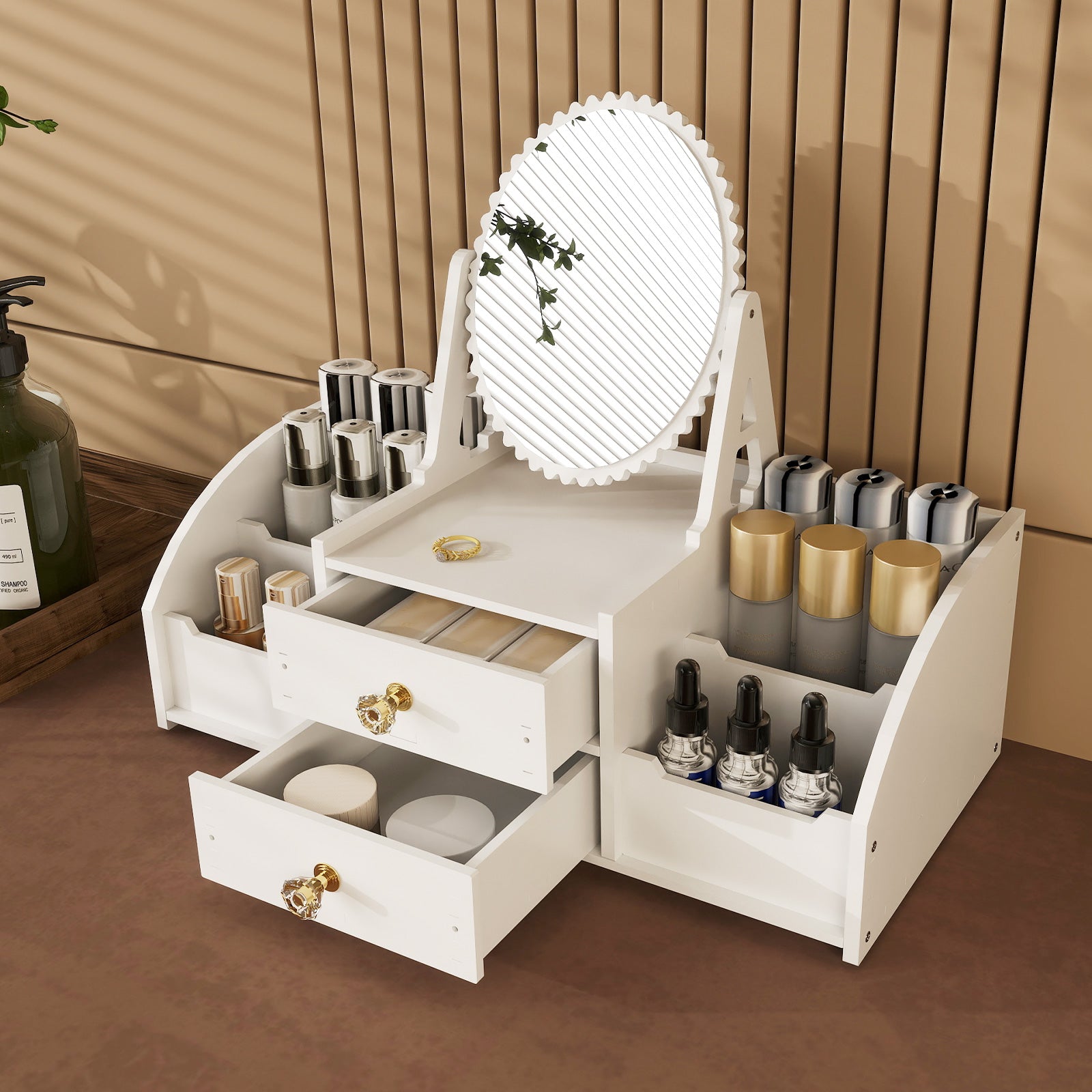 Makeup Storage Organizer for Vanity with Rotating Mirror and 2 Drawers and 4 Compartments - Luckyermore