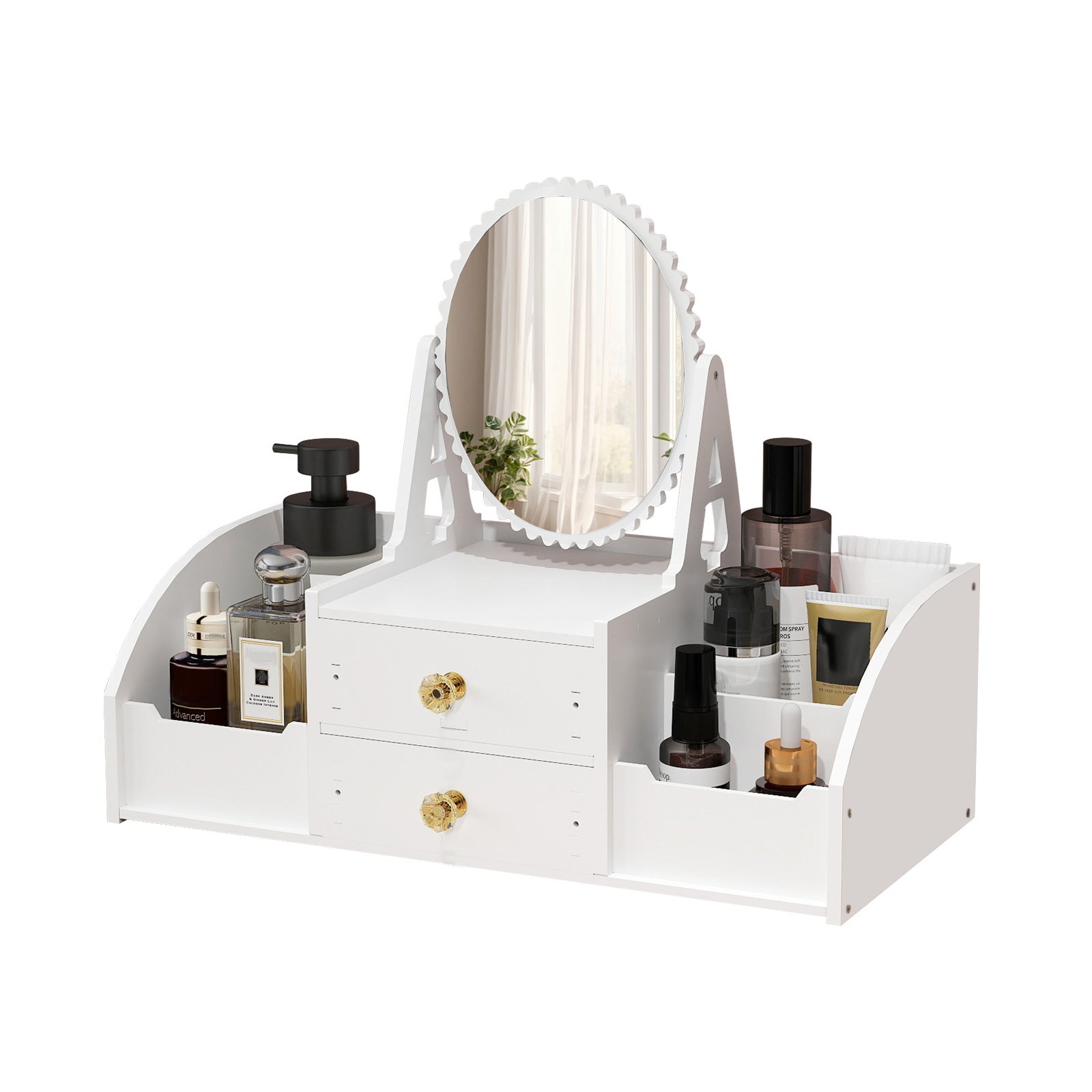 Makeup Storage Organizer for Vanity with Rotating Mirror and 2 Drawers and 4 Compartments - Luckyermore