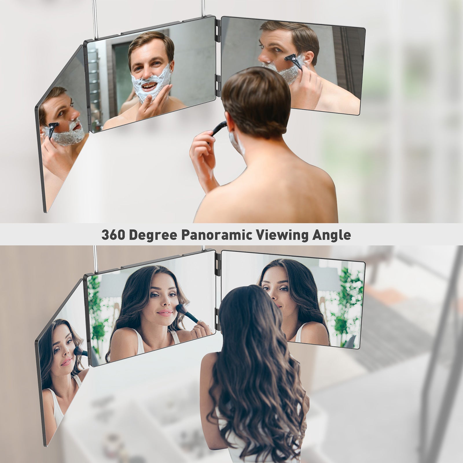 3 Way Trifold Haircut Mirror with Adjustable Telescoping Hooks, 360 Degree Mirror for Hair Cutting, Black - Luckyermore