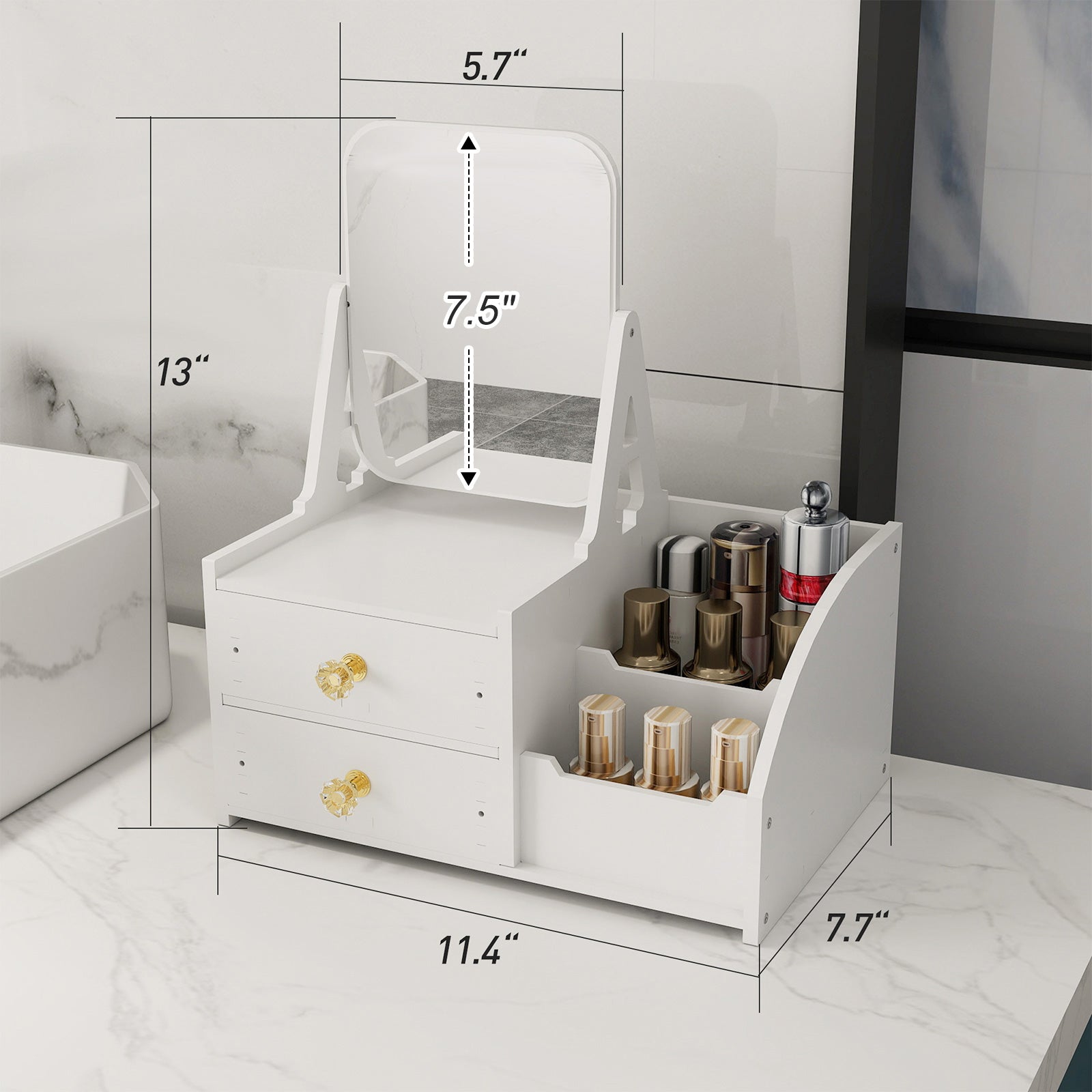 Makeup Storage Organizer for Vanity with Rotating Mirror and 2 Drawers and Compartment - Luckyermore