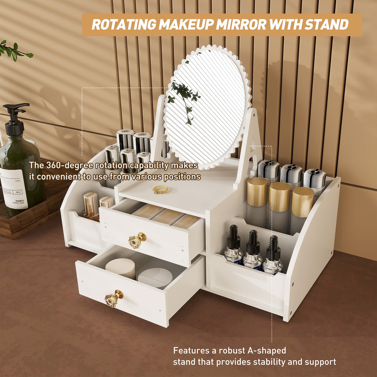 Makeup Storage Organizer for Vanity with Rotating Mirror and 2 Drawers and 4 Compartments - Luckyermore