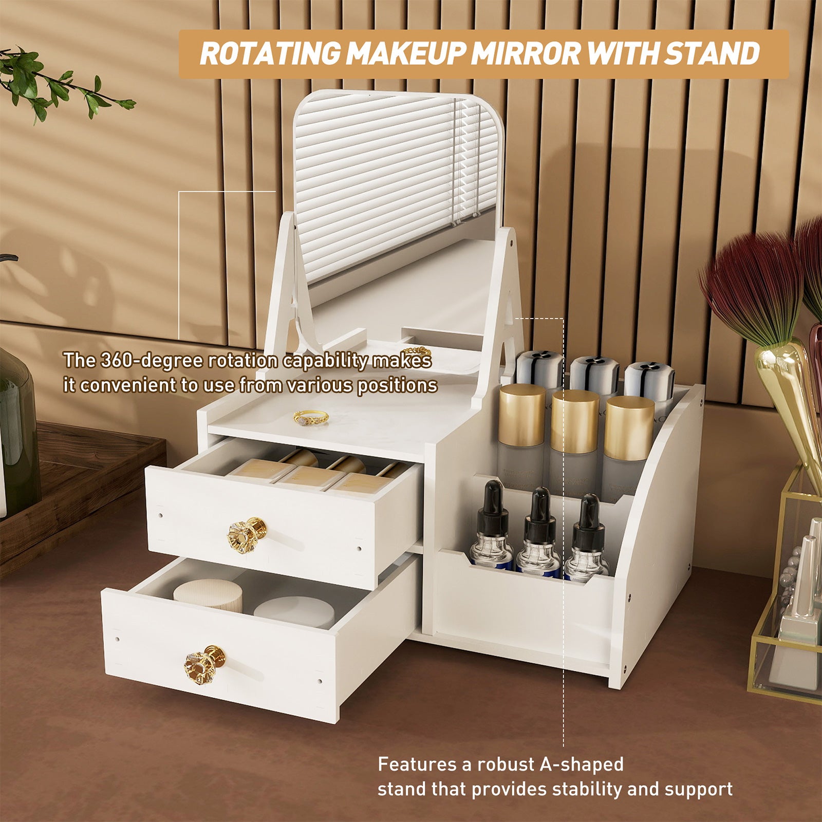 Makeup Storage Organizer for Vanity with Rotating Mirror and 2 Drawers and Compartment - Luckyermore