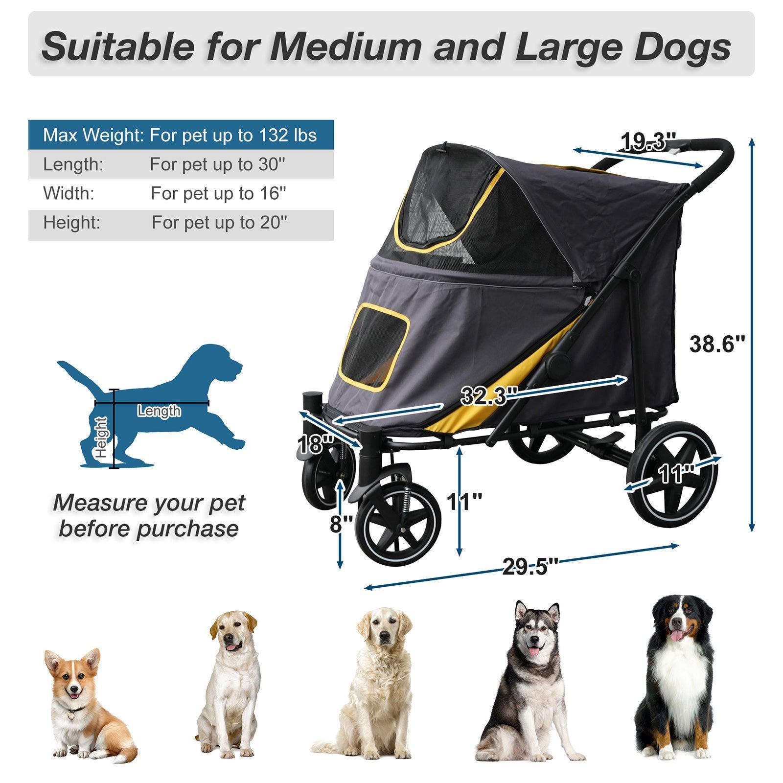 LUCKYERMORE Foldable Pet Stroller Travel Carrier with Storage Pocket, Breathable Mesh, Gray and Yellow