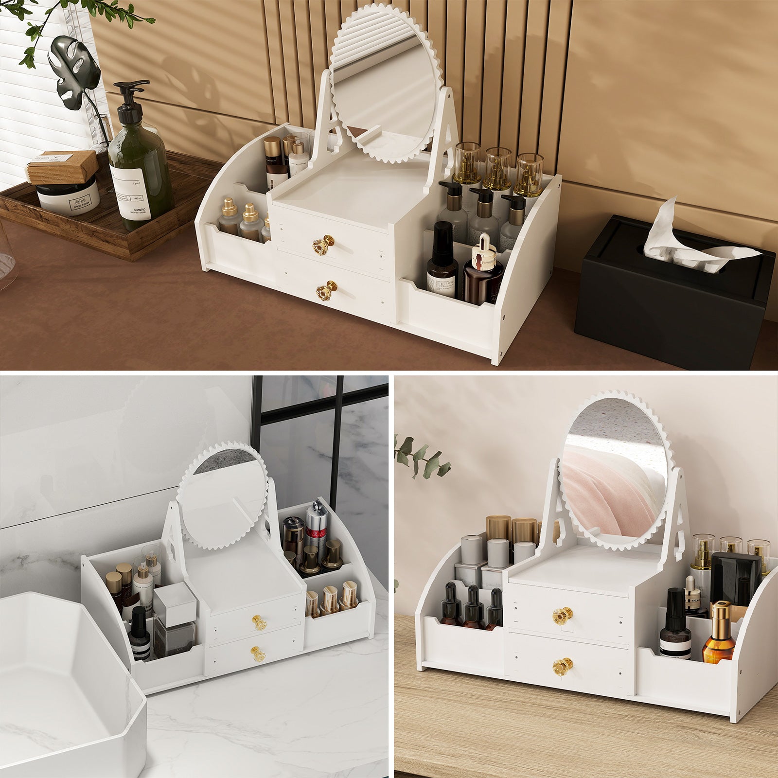 Makeup Storage Organizer for Vanity with Rotating Mirror and 2 Drawers and 4 Compartments - Luckyermore