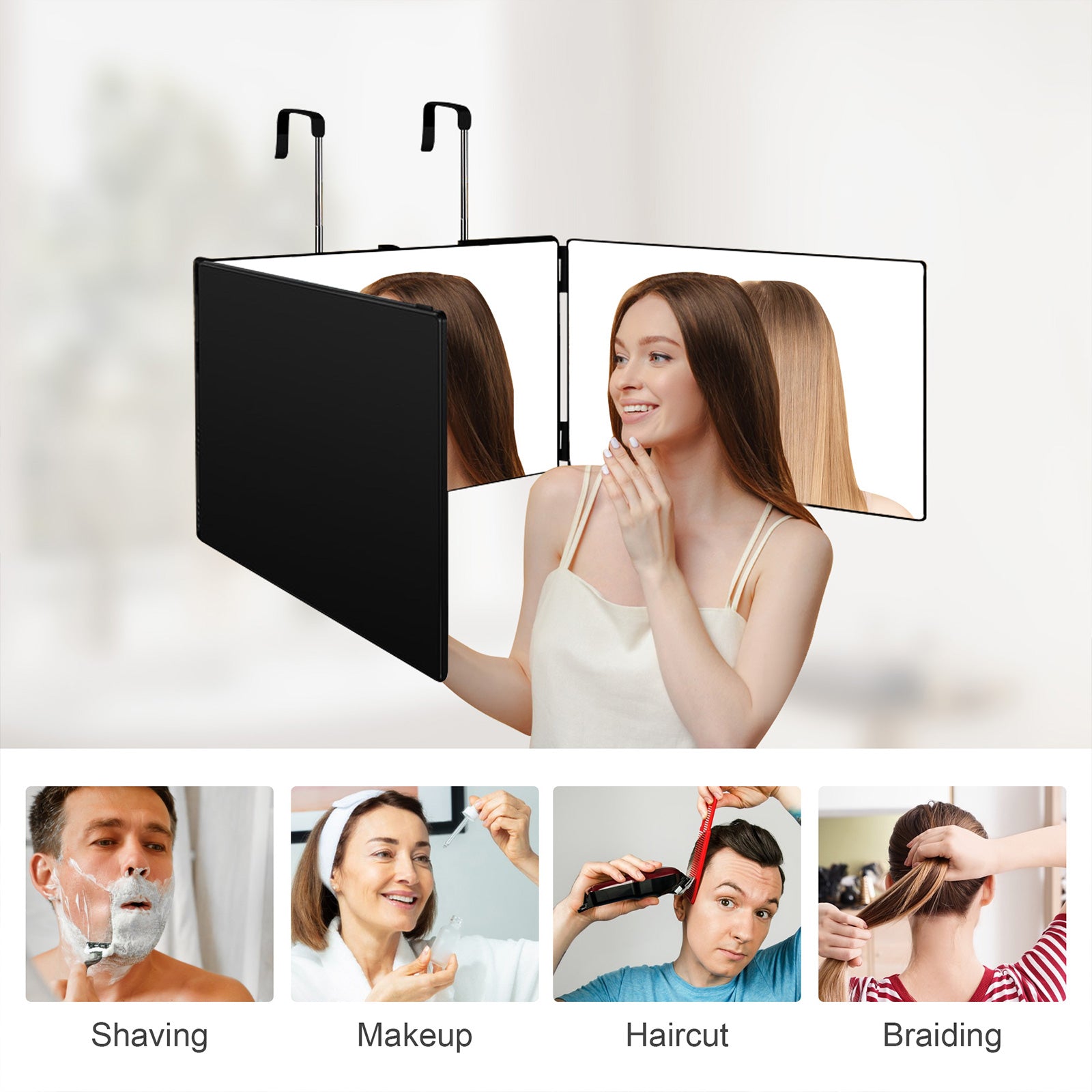 3 Way Trifold Haircut Mirror with Adjustable Telescoping Hooks, 360 Degree Mirror for Hair Cutting, Black - Luckyermore