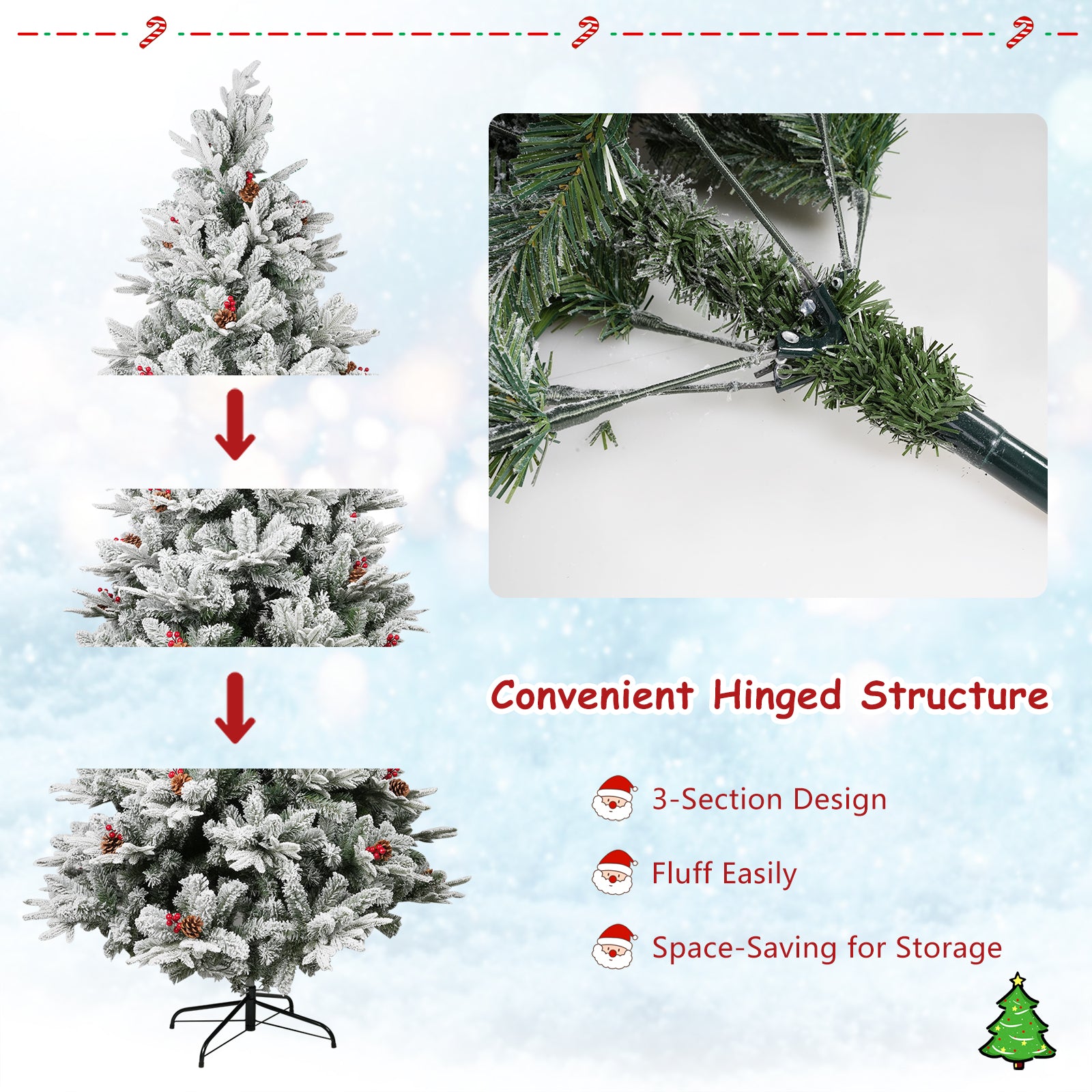 LUCKYERMORE 6.9ft Artificial Christmas Tree Snow Flocked Xmas Tree with Pine Cones and Red Berries Holiday Decoration