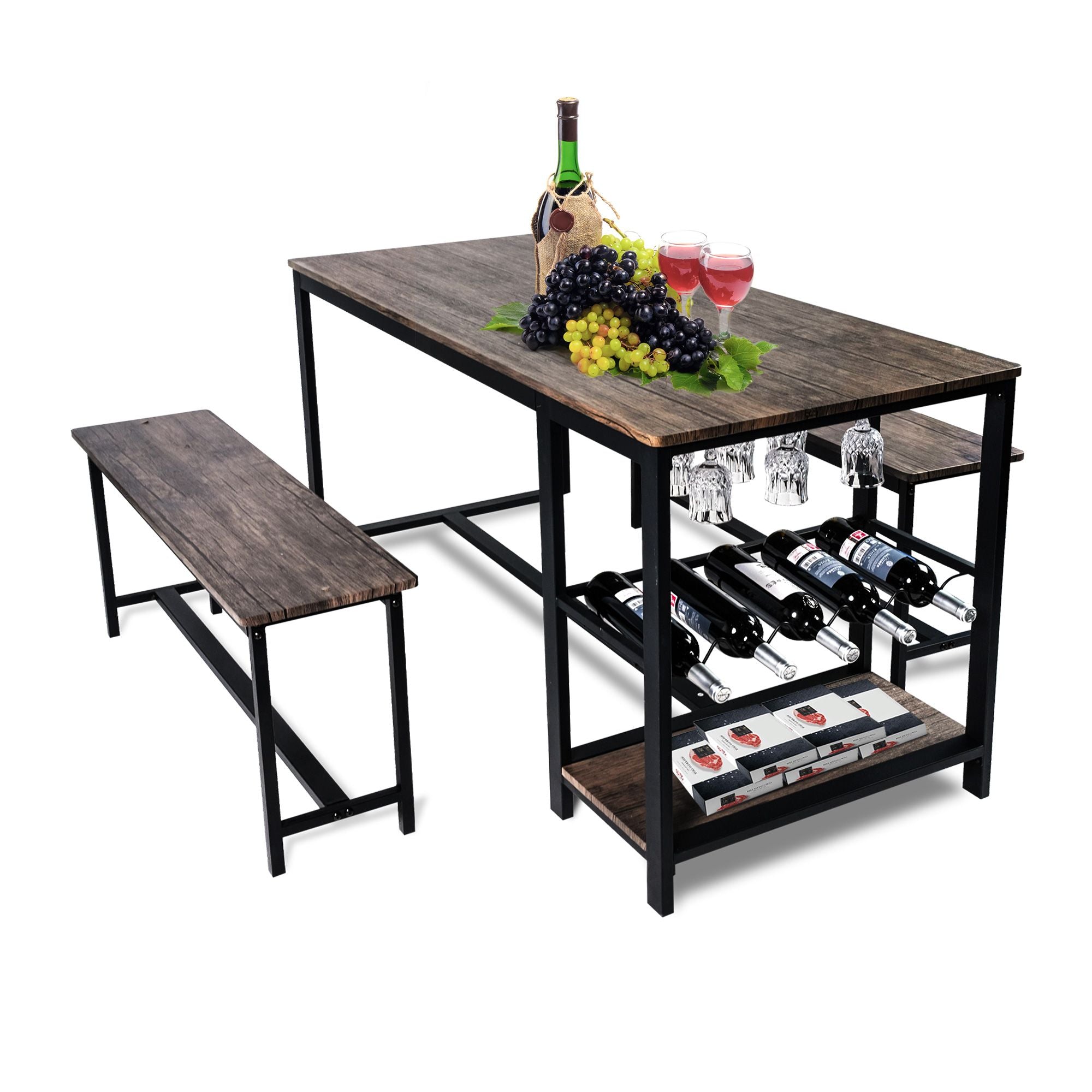 3 Piece Dining Table Set for 4, 55" Rustic Kitchen Table with 2 Benches, Pub Dining Table with Wine Rack, Glass Holder - Luckyermore