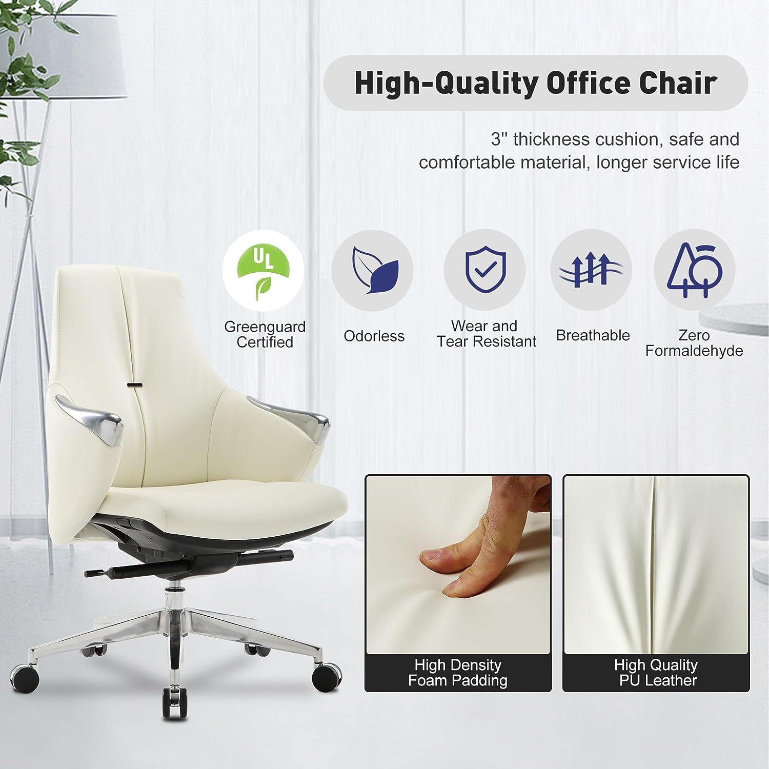 Executive Ergonomic Leather Office Chairs with Tilt and Height Adjustable, White - Luckyermore