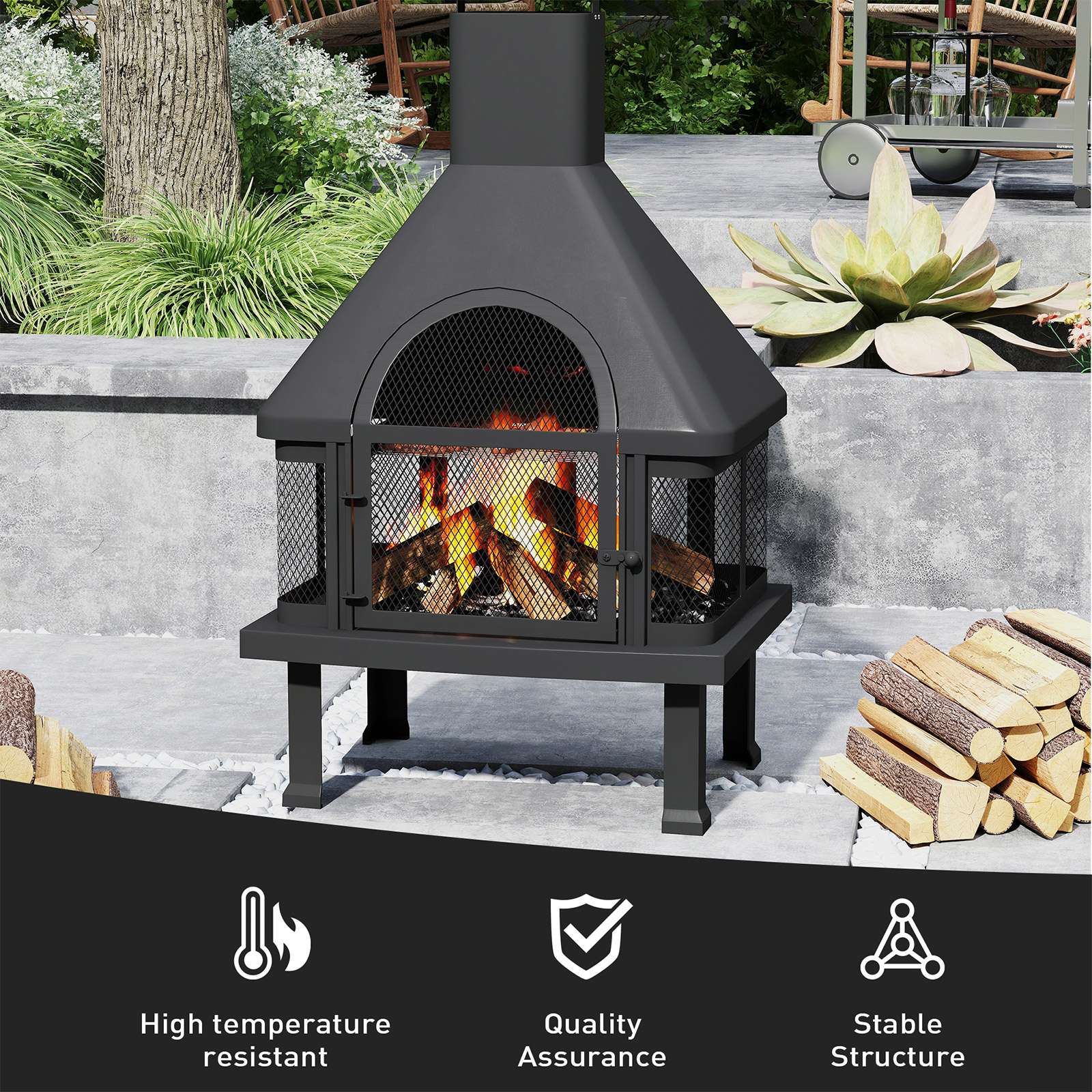 43.9" Chiminea Outdoor Wood Burning Fire Pit Patio Outside Metal Fireplace, Black