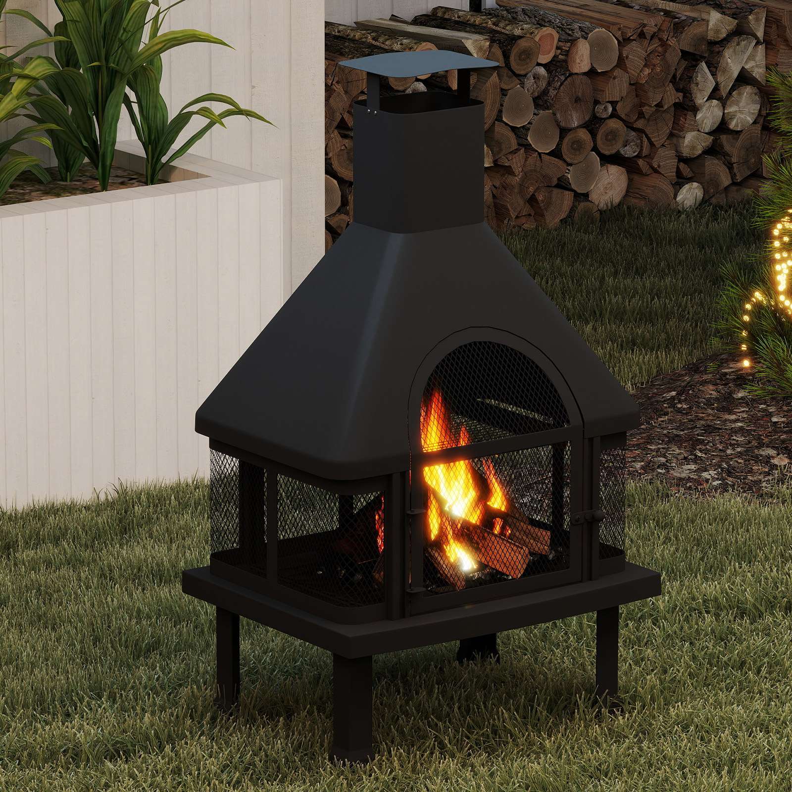 43.9" Chiminea Outdoor Wood Burning Fire Pit Patio Outside Metal Fireplace, Black