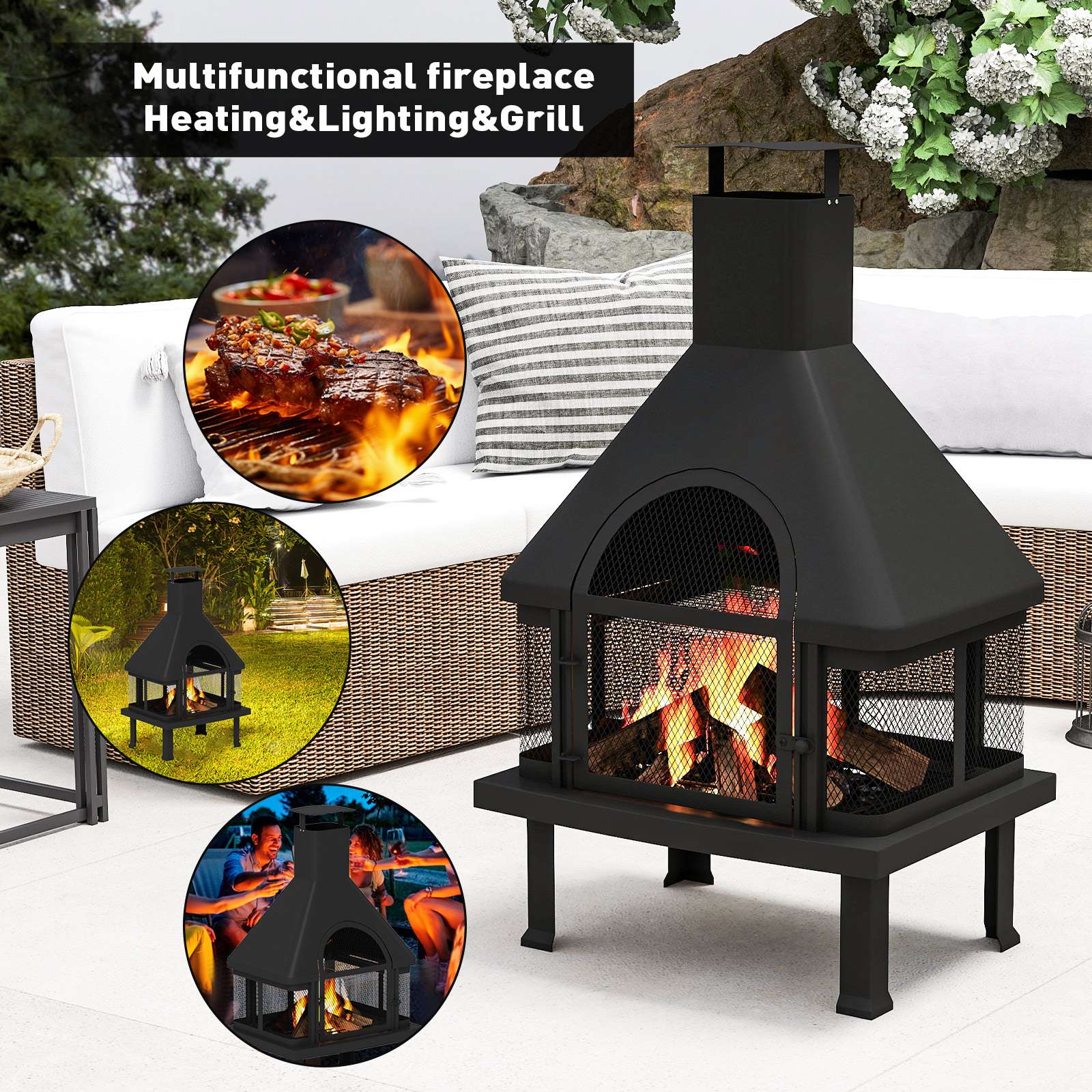 43.9" Chiminea Outdoor Wood Burning Fire Pit Patio Outside Metal Fireplace, Black