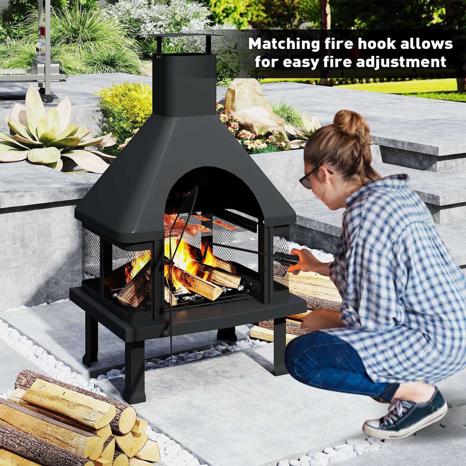 43.9" Chiminea Outdoor Wood Burning Fire Pit Patio Outside Metal Fireplace, Black