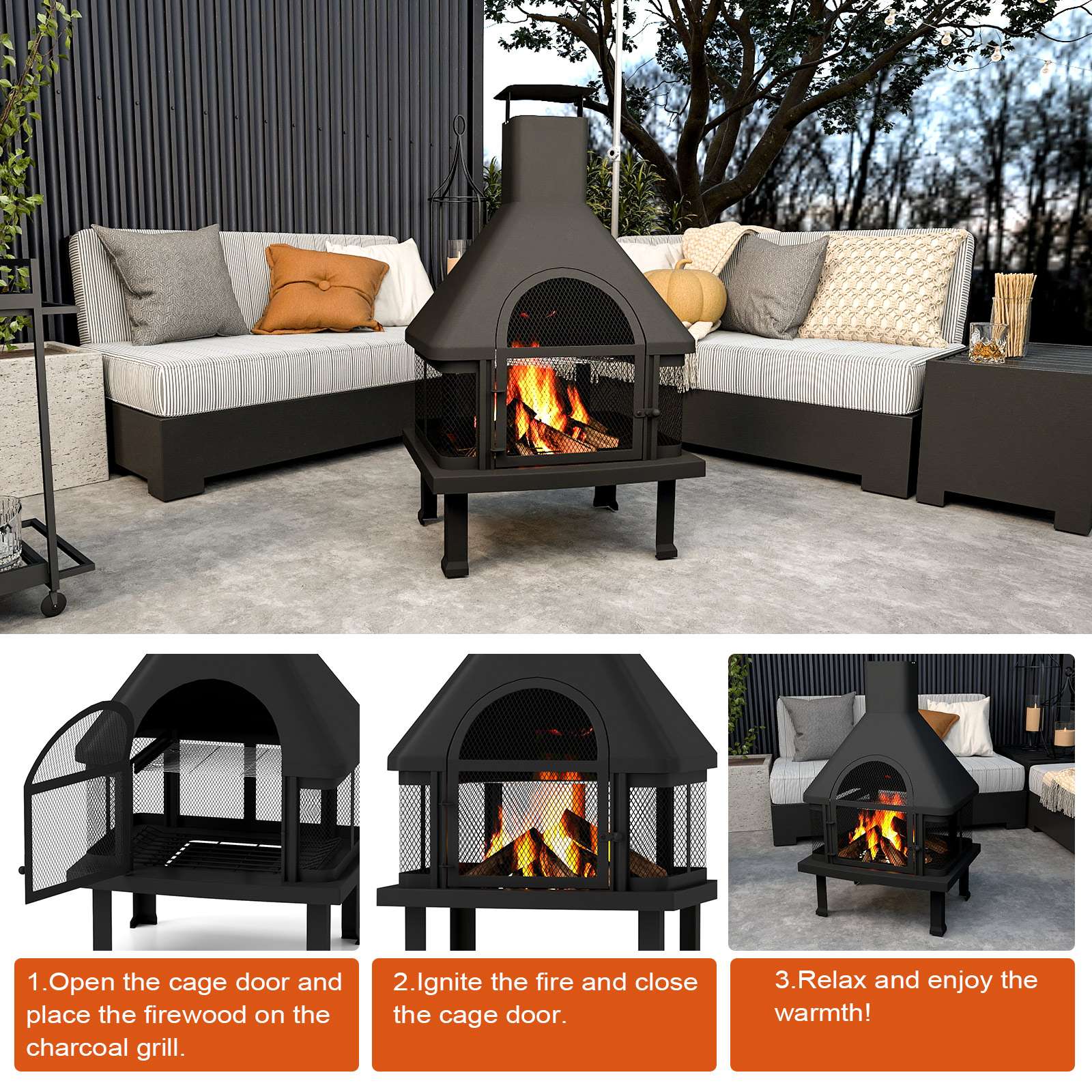 43.9" Chiminea Outdoor Wood Burning Fire Pit Patio Outside Metal Fireplace, Black