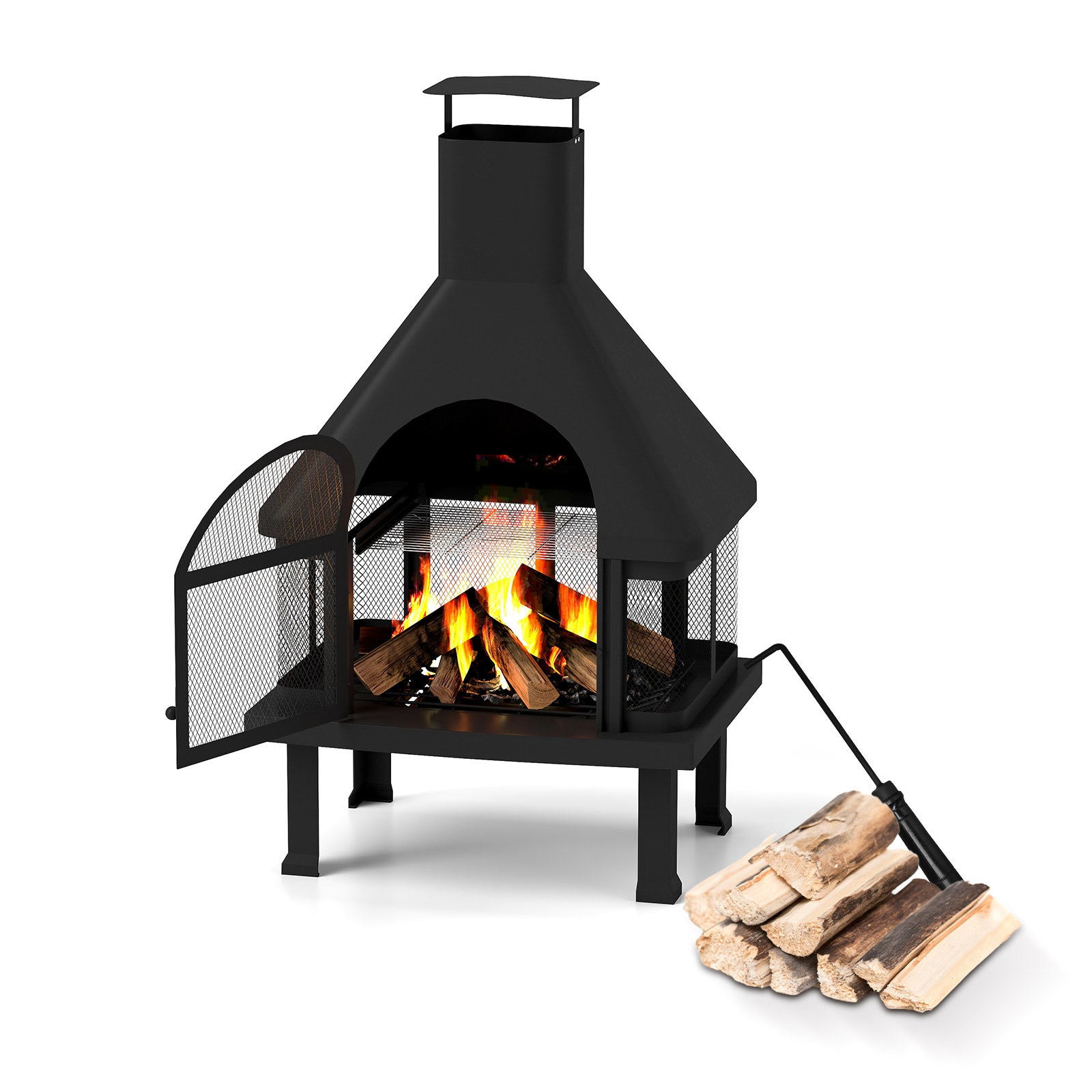 43.9" Chiminea Outdoor Wood Burning Fire Pit Patio Outside Metal Fireplace, Black