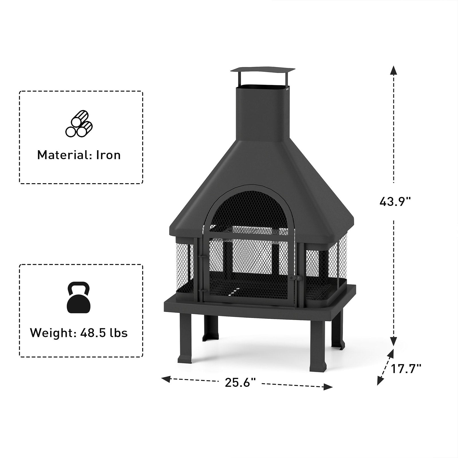 43.9" Chiminea Outdoor Wood Burning Fire Pit Patio Outside Metal Fireplace, Black