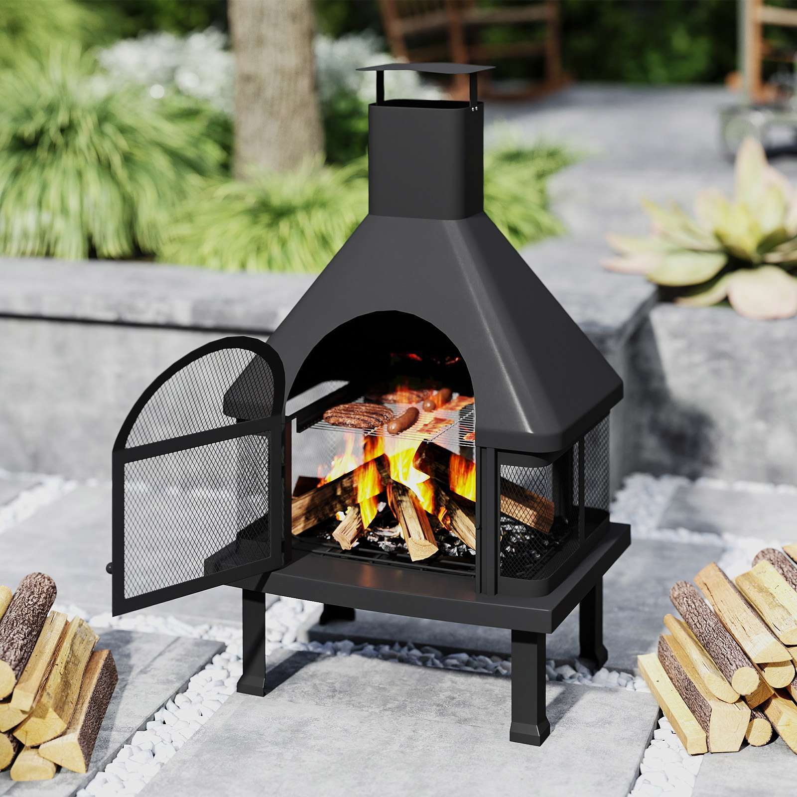 43.9" Chiminea Outdoor Wood Burning Fire Pit Patio Outside Metal Fireplace, Black