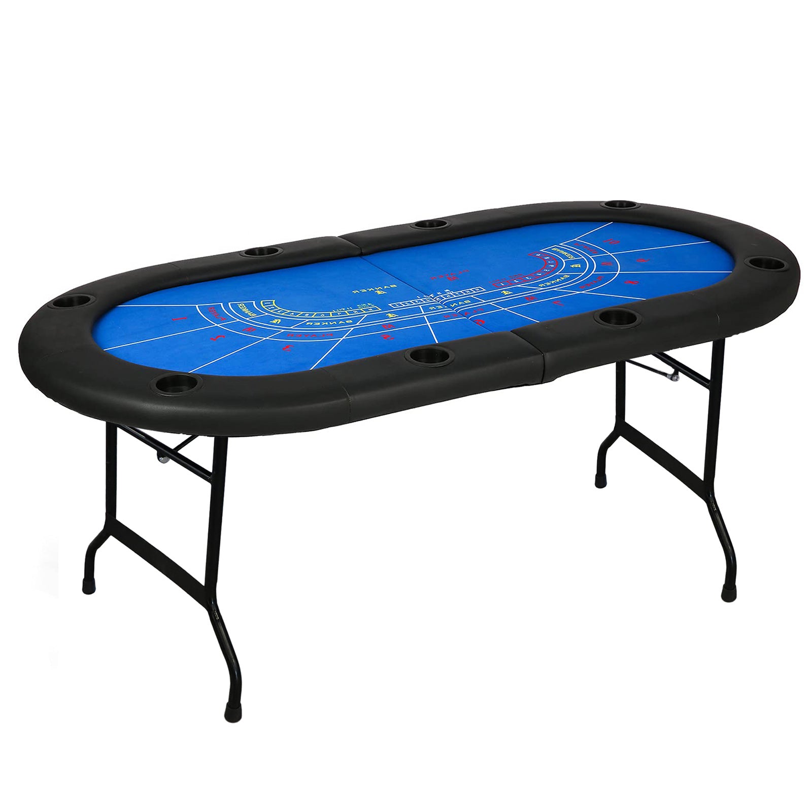 70.8" Folding Poker Table 6-8 Player with 8 Cup Holder for Texas Casino Leisure Game, Blue - Luckyermore