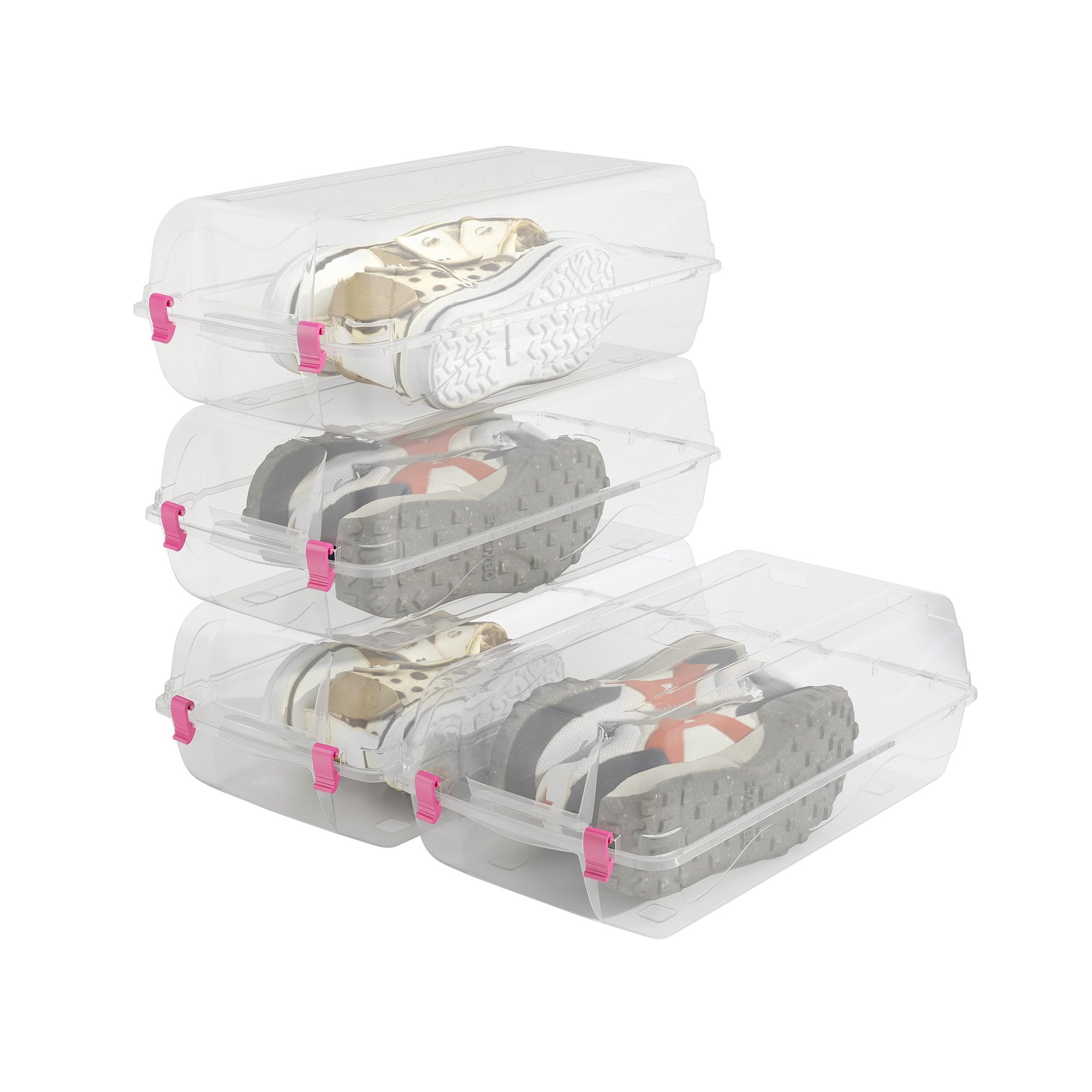 Set of 4 Shoe Storage Box Clear Plastic Stackable Shoe Organizer with Lids, Pink - Luckyermore