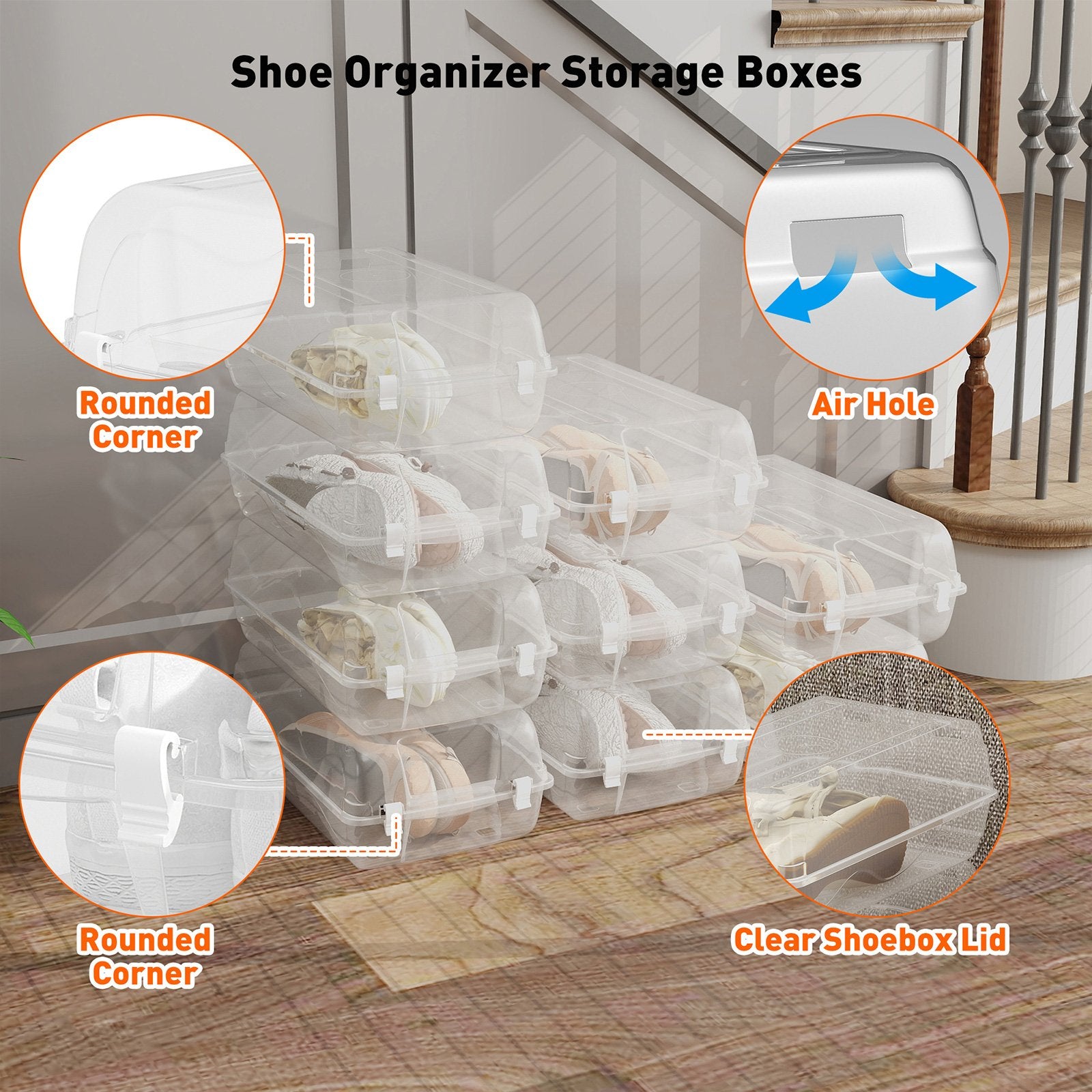 Set of 4 Shoe Storage Box Clear Plastic Stackable Shoe Organizer with Lids, White