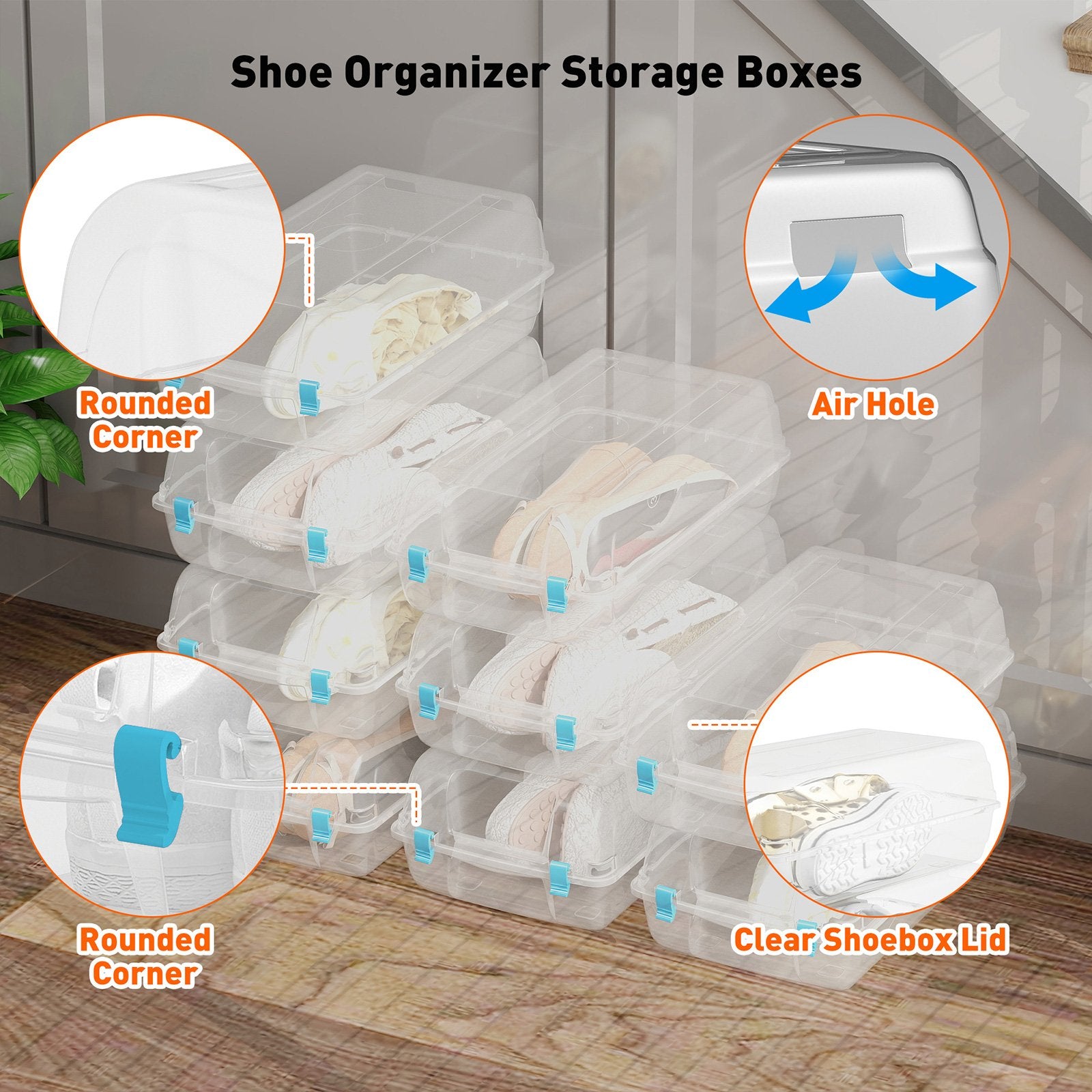 Set of 4 Shoe Storage Box Clear Plastic Stackable Shoe Organizer with Lids, Blue - Luckyermore