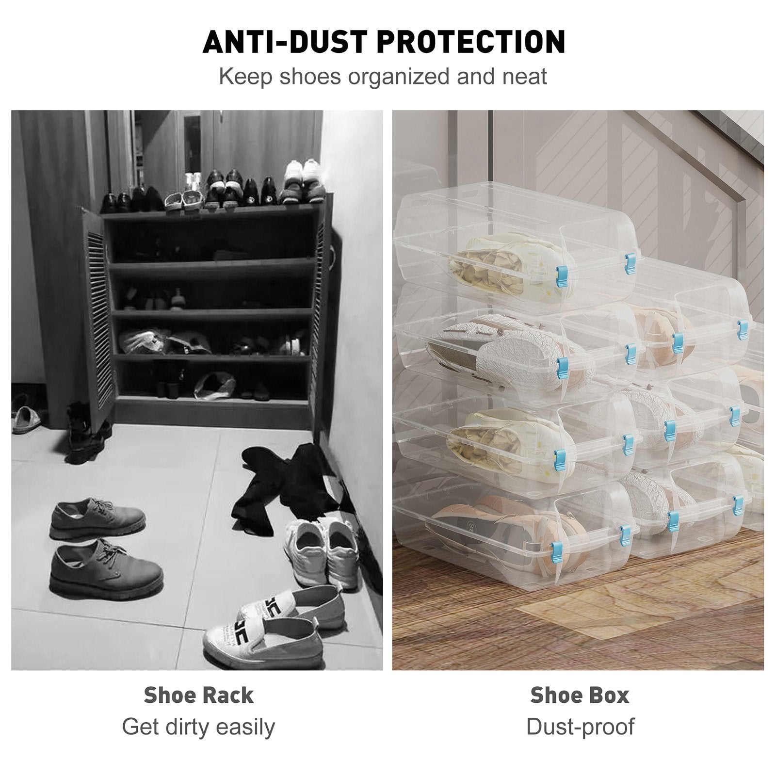 Set of 4 Shoe Storage Box Clear Plastic Stackable Shoe Organizer with Lids, Blue - Luckyermore