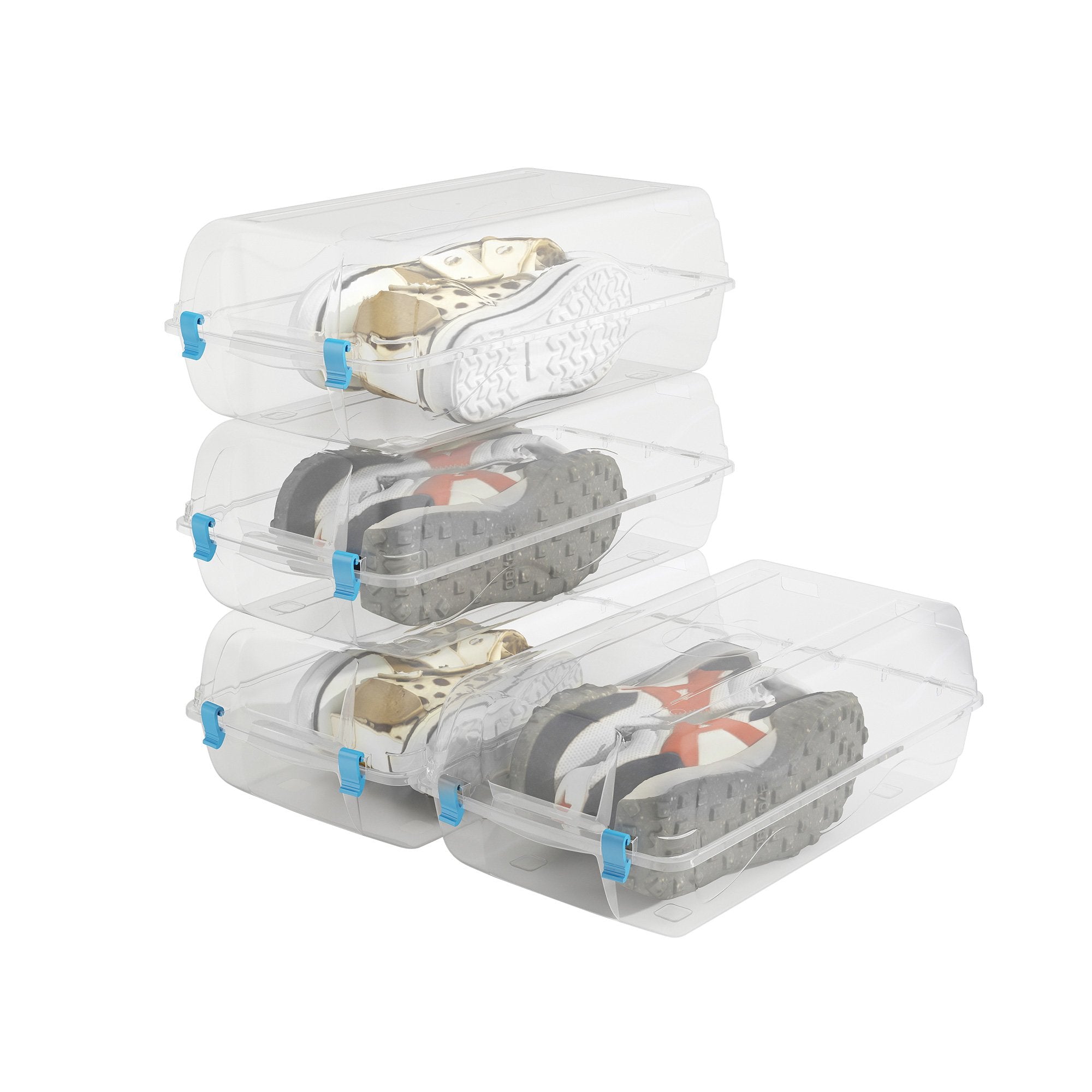 Set of 4 Shoe Storage Box Clear Plastic Stackable Shoe Organizer with Lids, Blue - Luckyermore