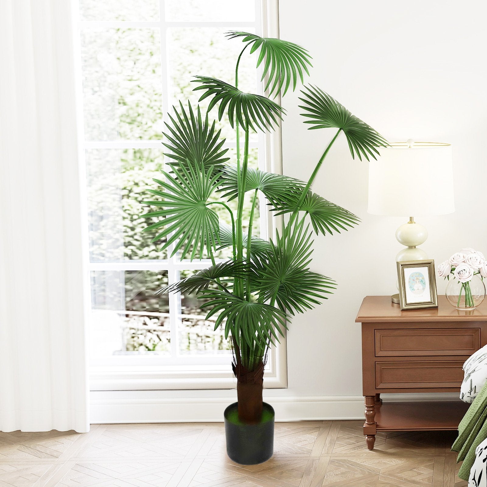 5.8ft Artificial Palm Tree Plant with 12 Decorative Leaves Faux Plant with Pot, Green - Luckyermore