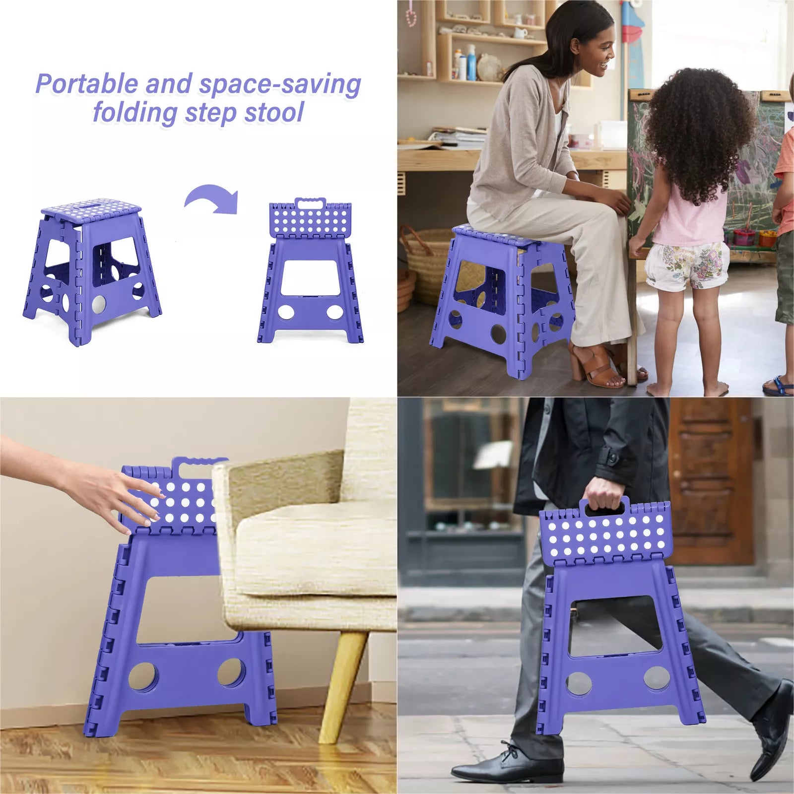 Set of 2 Folding Step Stool 15.7" with Non-Slip Surface and Portable Handle, Purple - Luckyermore