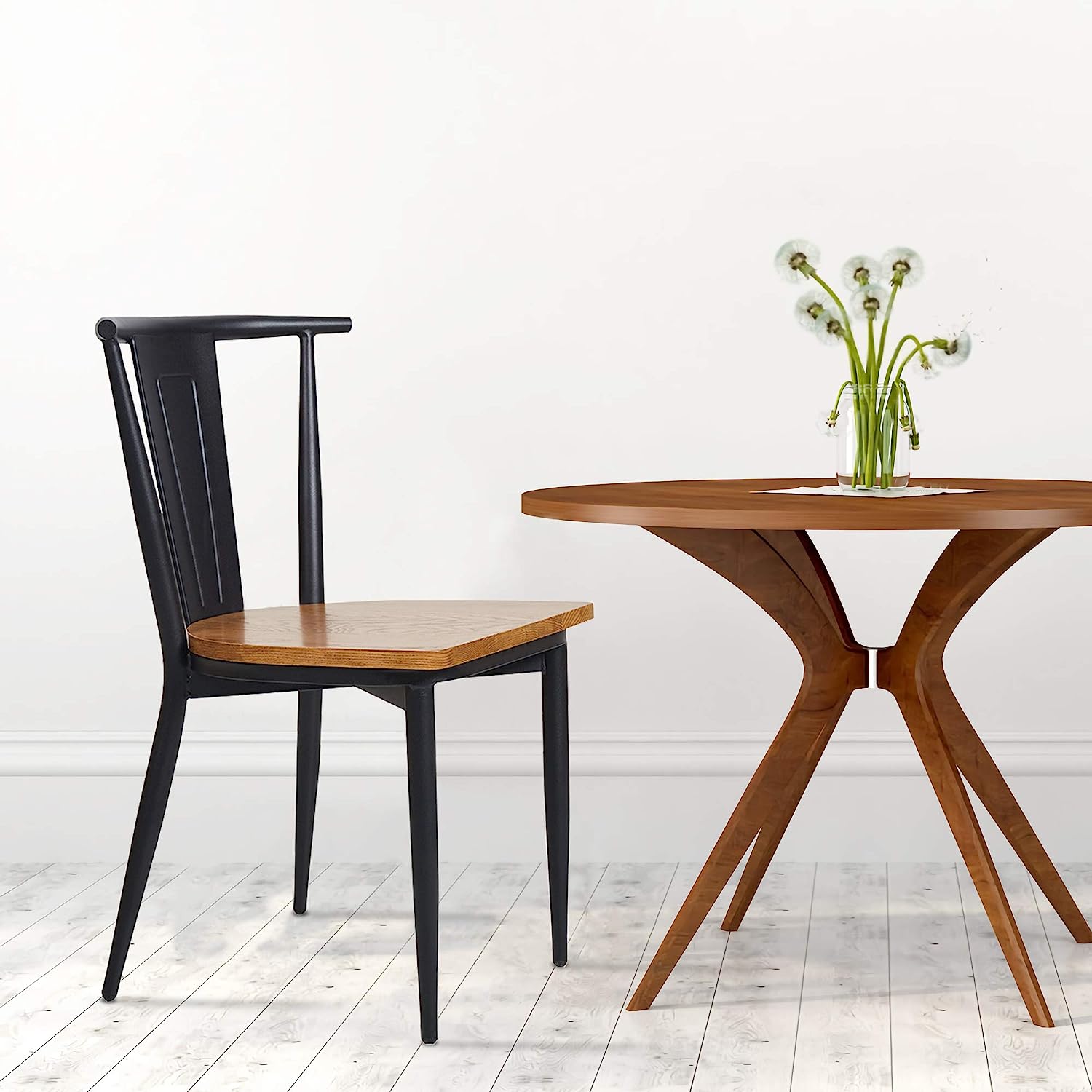 LUCKYERMORE Set of 2 Dining Chairs Seating with Back, Wood Seat & Metal Frame Restaurant Chairs