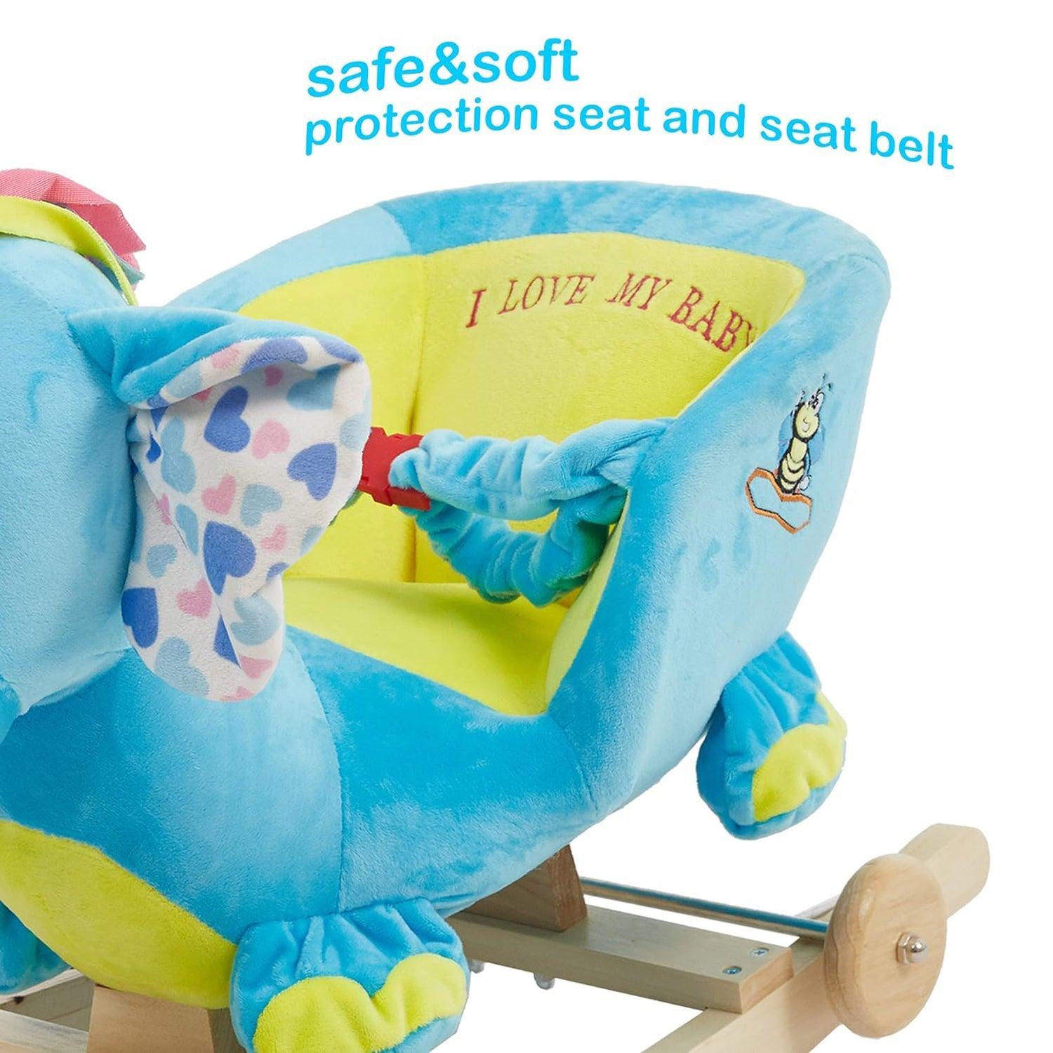 2-in-1 Ride-on Wooden Plush Rocking Horse Chair with Music for Baby Kids Toddlers, Blue Elephant - Luckyermore