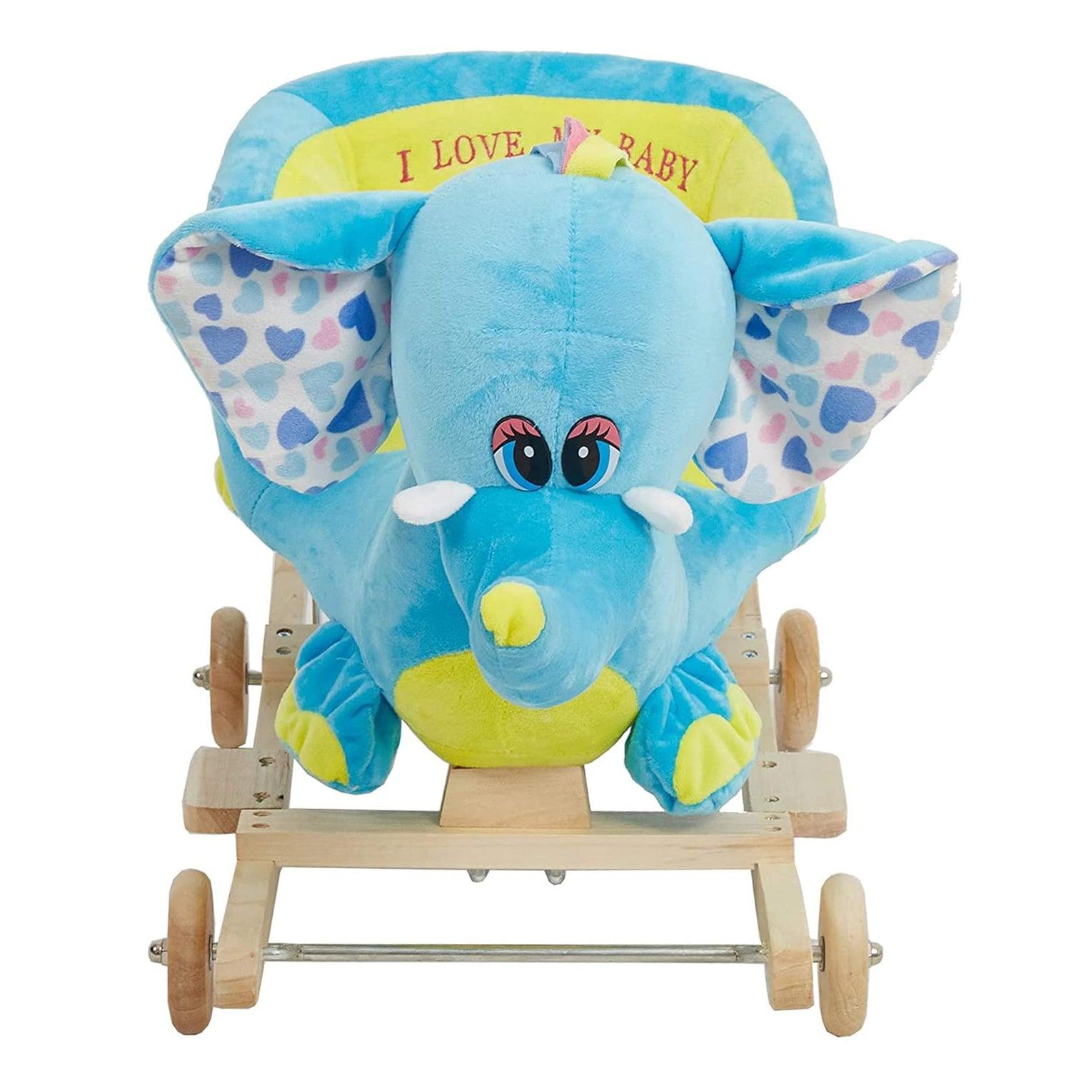 2-in-1 Ride-on Wooden Plush Rocking Horse Chair with Music for Baby Kids Toddlers, Blue Elephant - Luckyermore