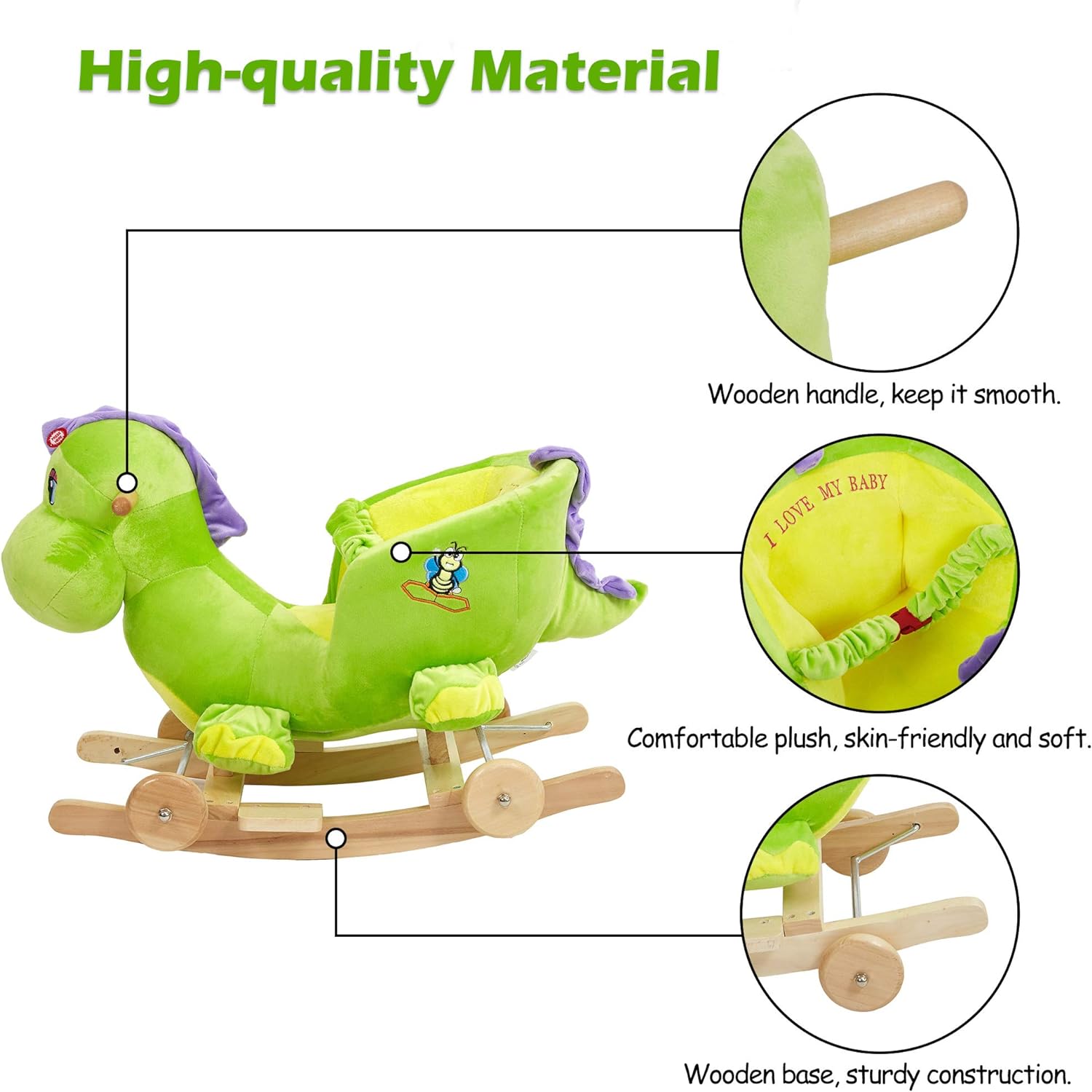 2-in-1 Ride-on Wooden Plush Rocking Horse Chair with Music for Baby Kids Toddlers, Green Dinosaur - Luckyermore