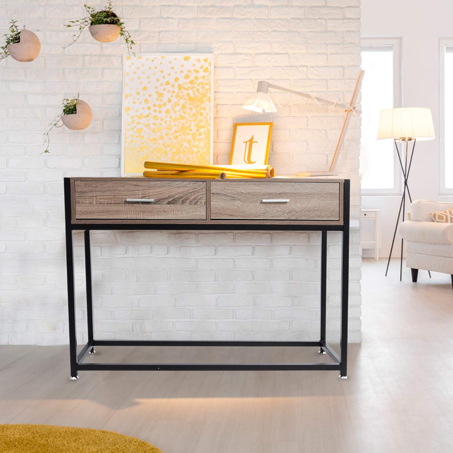 Entryway Console Table Hallway with 2 Drawers Wooden Metal Narrow Sofa Table with Two Storage Compartments Brown - Luckyermore