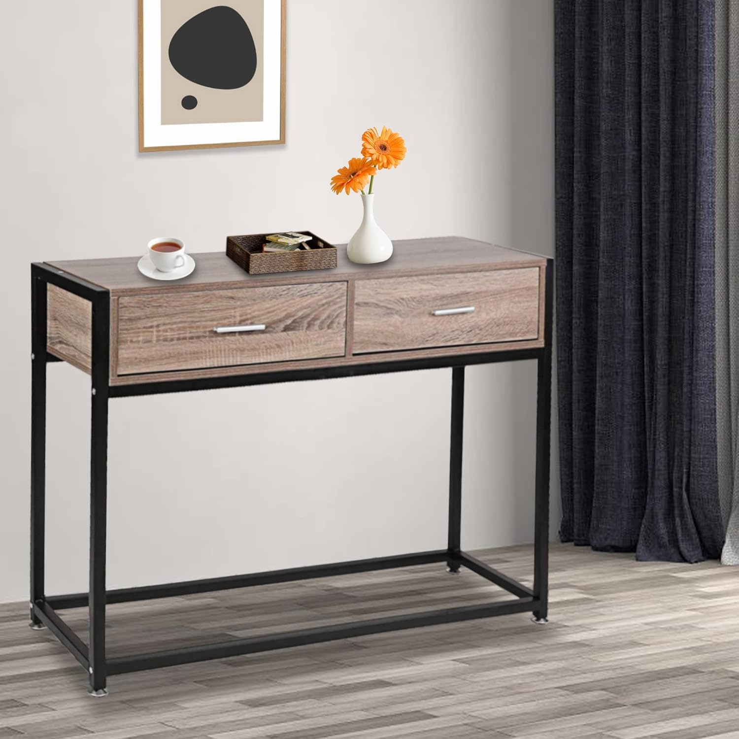 Entryway Console Table Hallway with 2 Drawers Wooden Metal Narrow Sofa Table with Two Storage Compartments Brown - Luckyermore