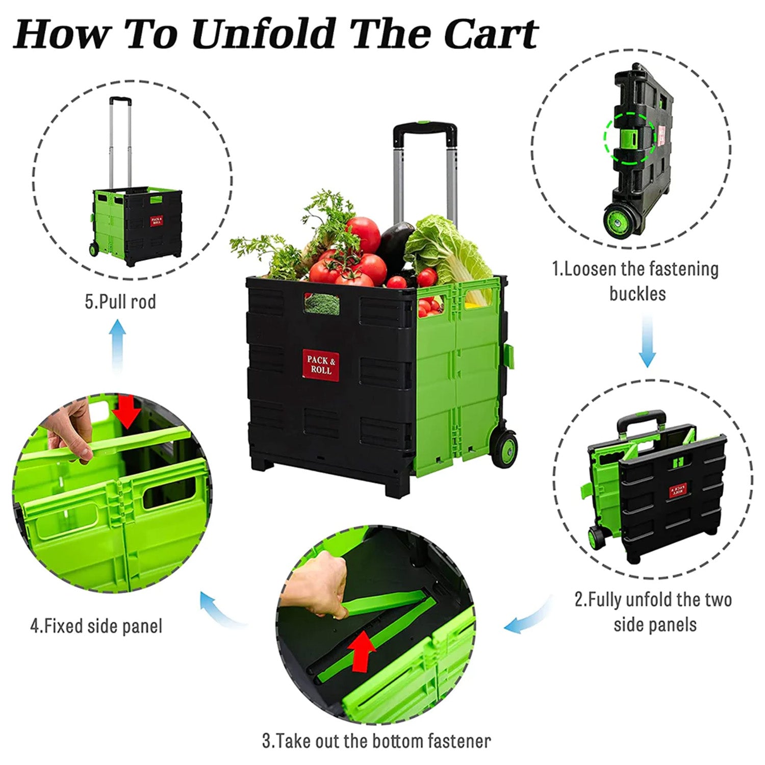 56L Collapsible Rolling Crate Utility Cart Foldable Grocery Cart with Wheels, Green - Luckyermore