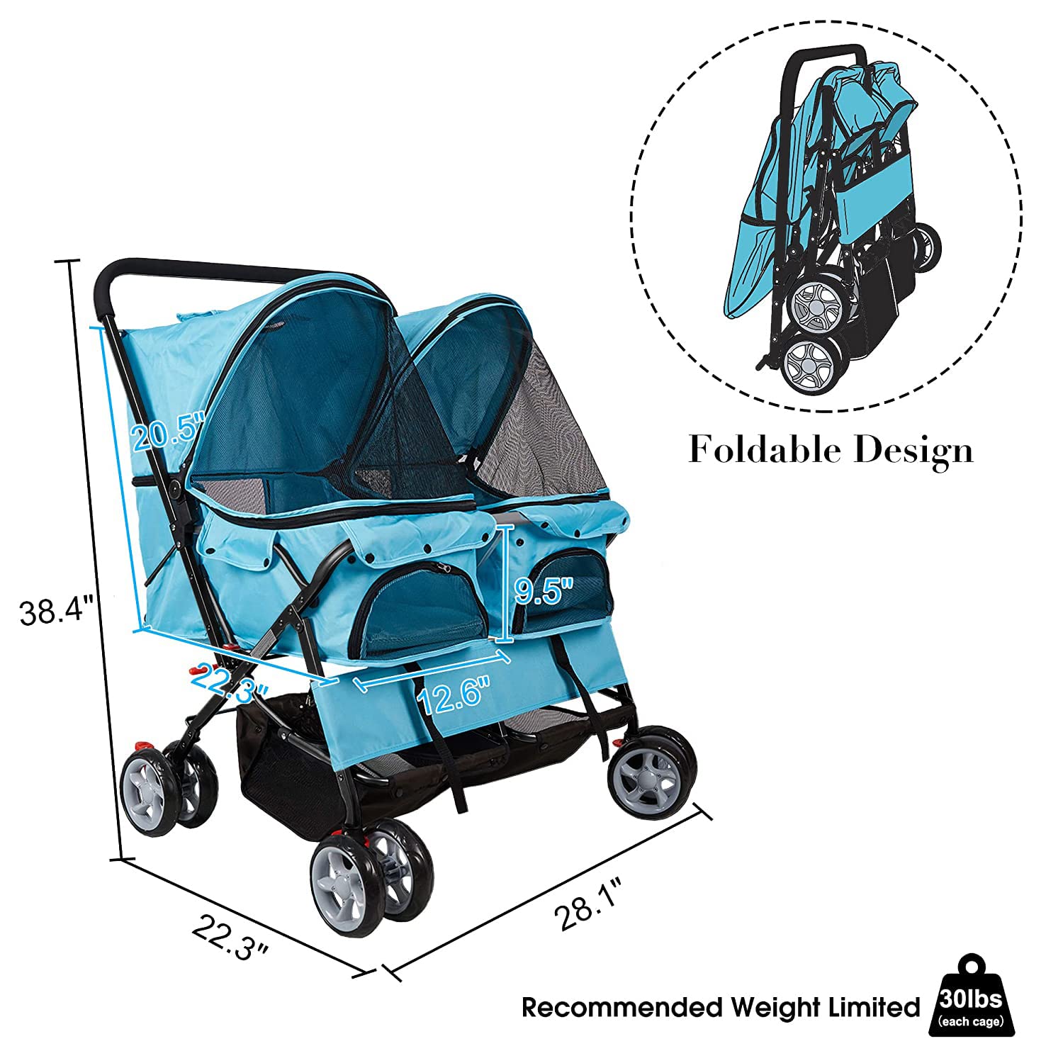 Double Seater Folding Dog Cat Pet Stroller Travel Carrier Jogger Stroller, Blue - Luckyermore