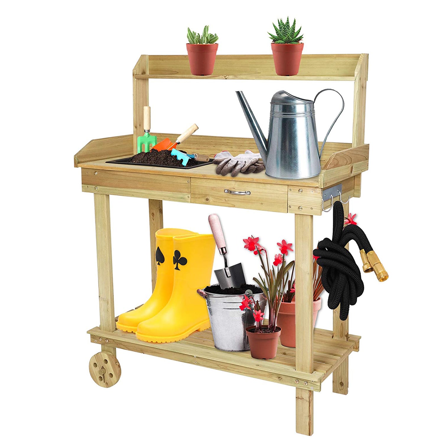 Potting Bench Table Wooden Gardening Plant Workstation Natural Solid Wood with Drawer Sink Hook Open Shelf - Luckyermore