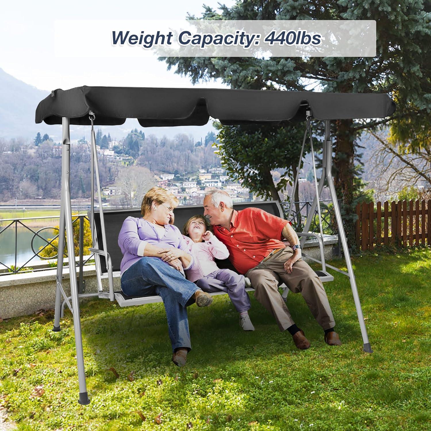 3 Person Patio Swing with Convertible Canopy-Weather Resistant Frame and Breathable Seat, Comfy Outdoor Swing Chair Bench for Porch Backyard Garden, Black - Luckyermore