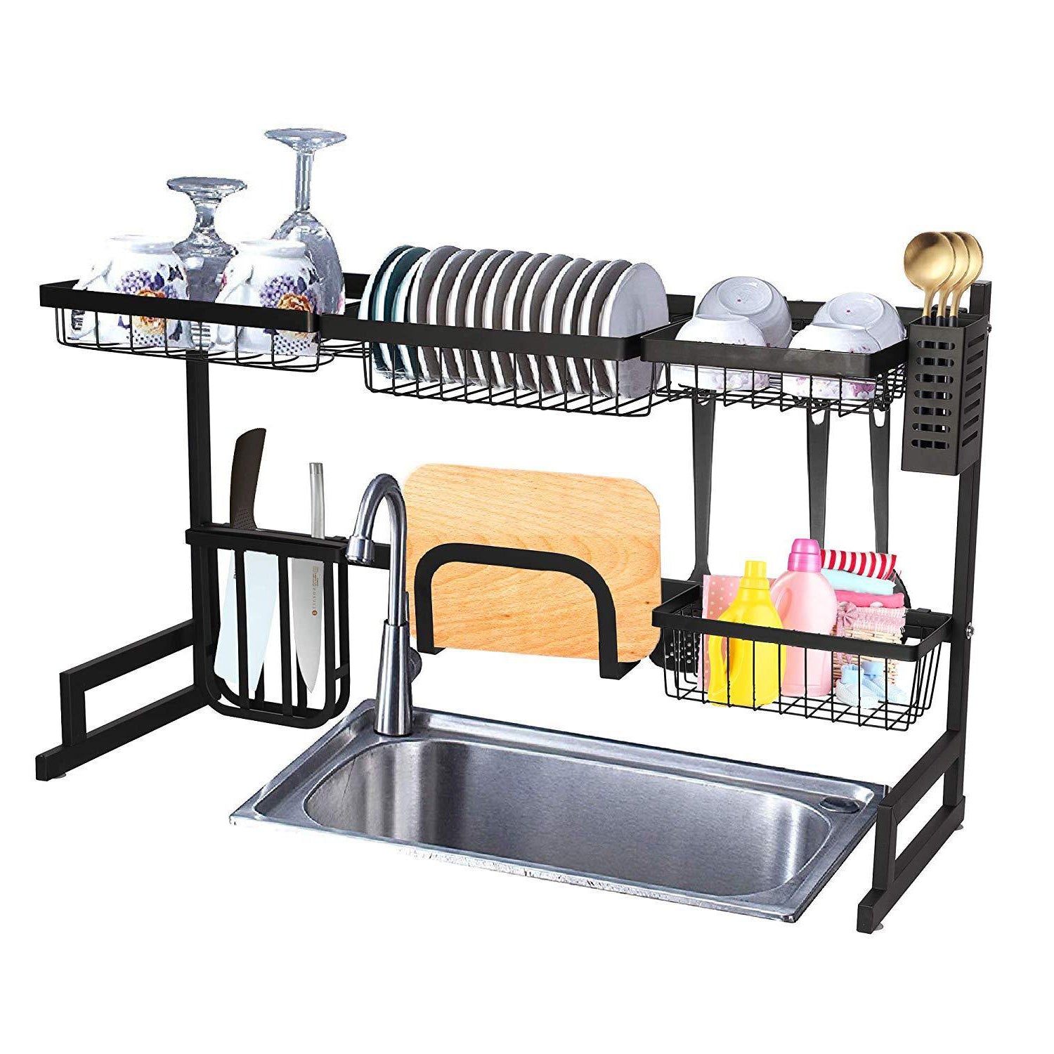 2 Tier Over Sink Dish Drying Rack 35"L with Multiple Baskets Utensil Holder Cup Holder - Luckyermore