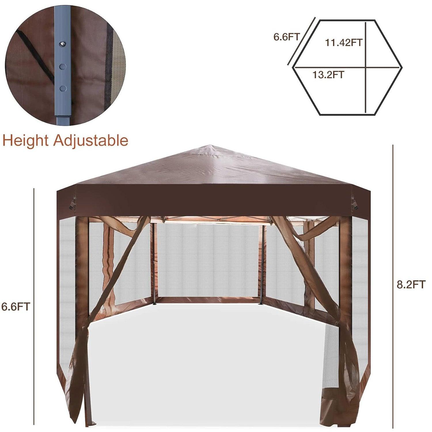 Outdoor Gazebo Patio Hexagonal Canopy Tent Sun Shade with Mosquito Netting and Carry Bag for Backyard Party (Brown) - Luckyermore