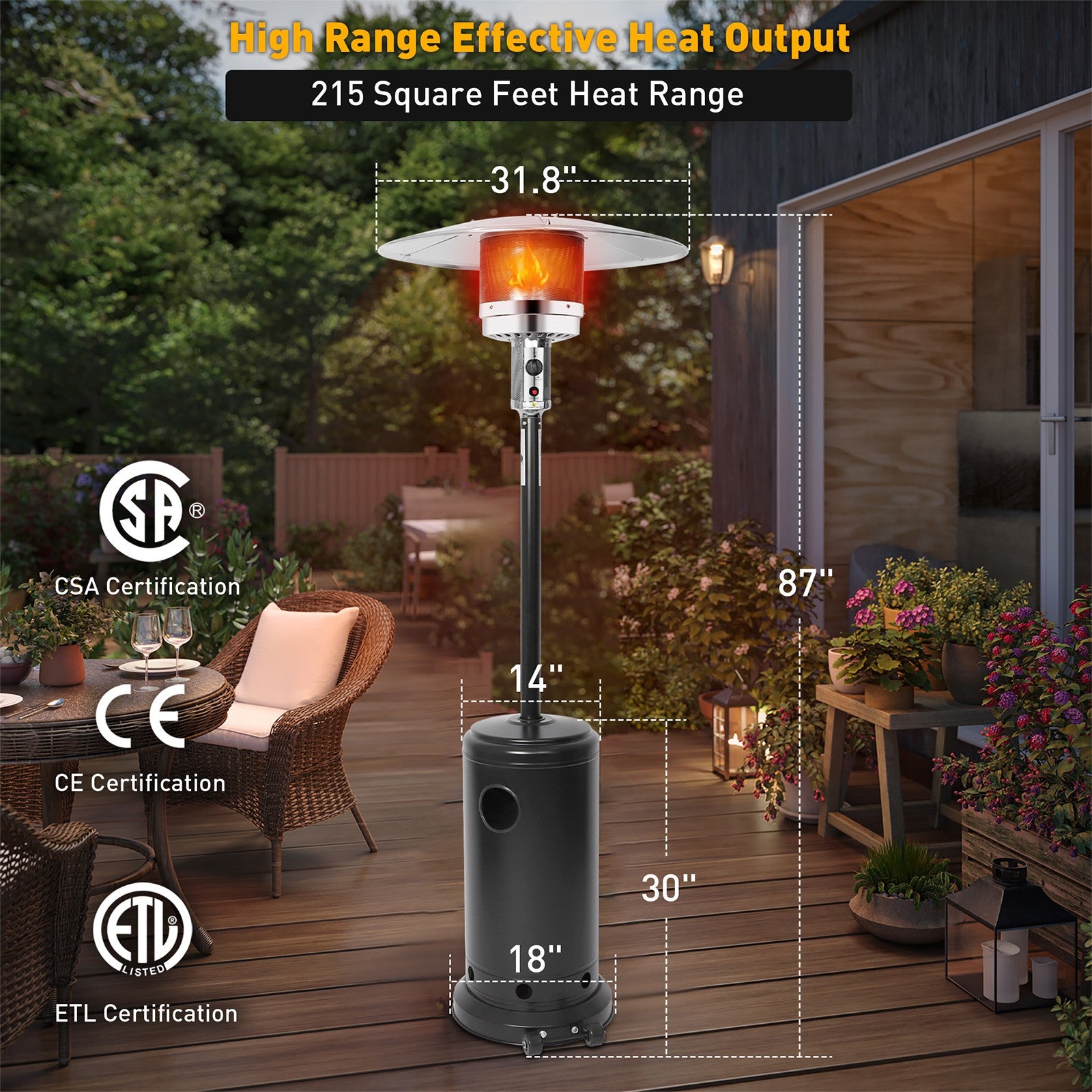 Stainless Steel Patio Heater Propane Outdoor Heater with Anti Tilt Switch, 87” High Quick Space Warm Up with Simple Ignition System Power Heater with Wheels, ETL Certified - Luckyermore