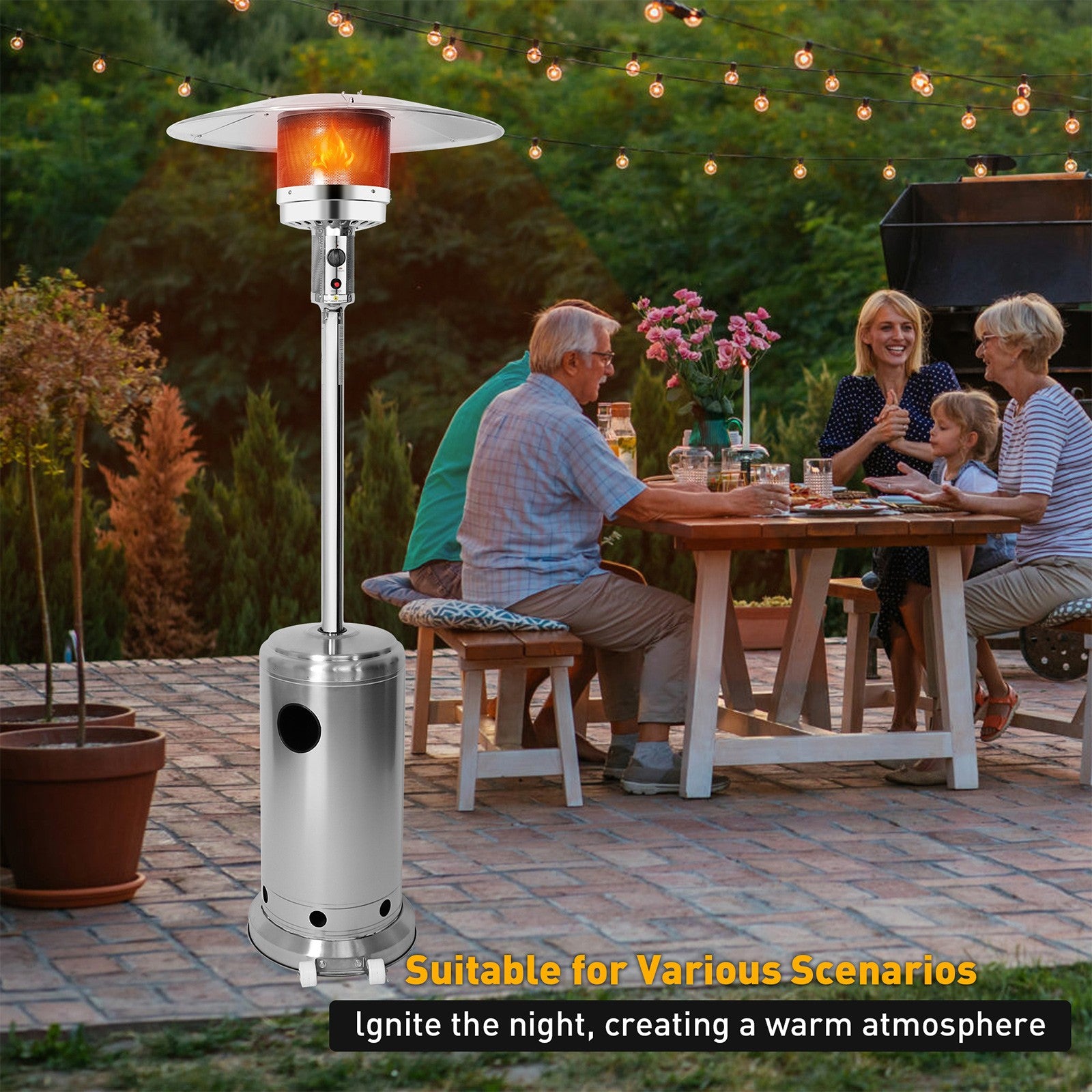 36,000 BTU Outdoor Propane Patio Heater with Stainless Steel Burner and Wheels, Silver - Luckyermore