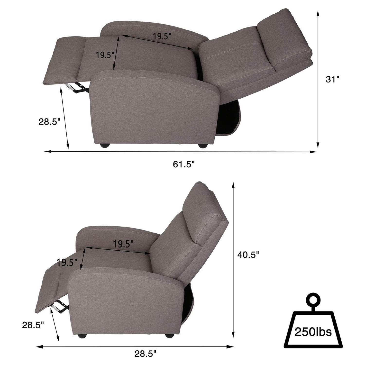 Adjustable Fabric Recliner Chair Ergonomic Recliner Sofa Padded Seat w/Thick Cushion & Backrest