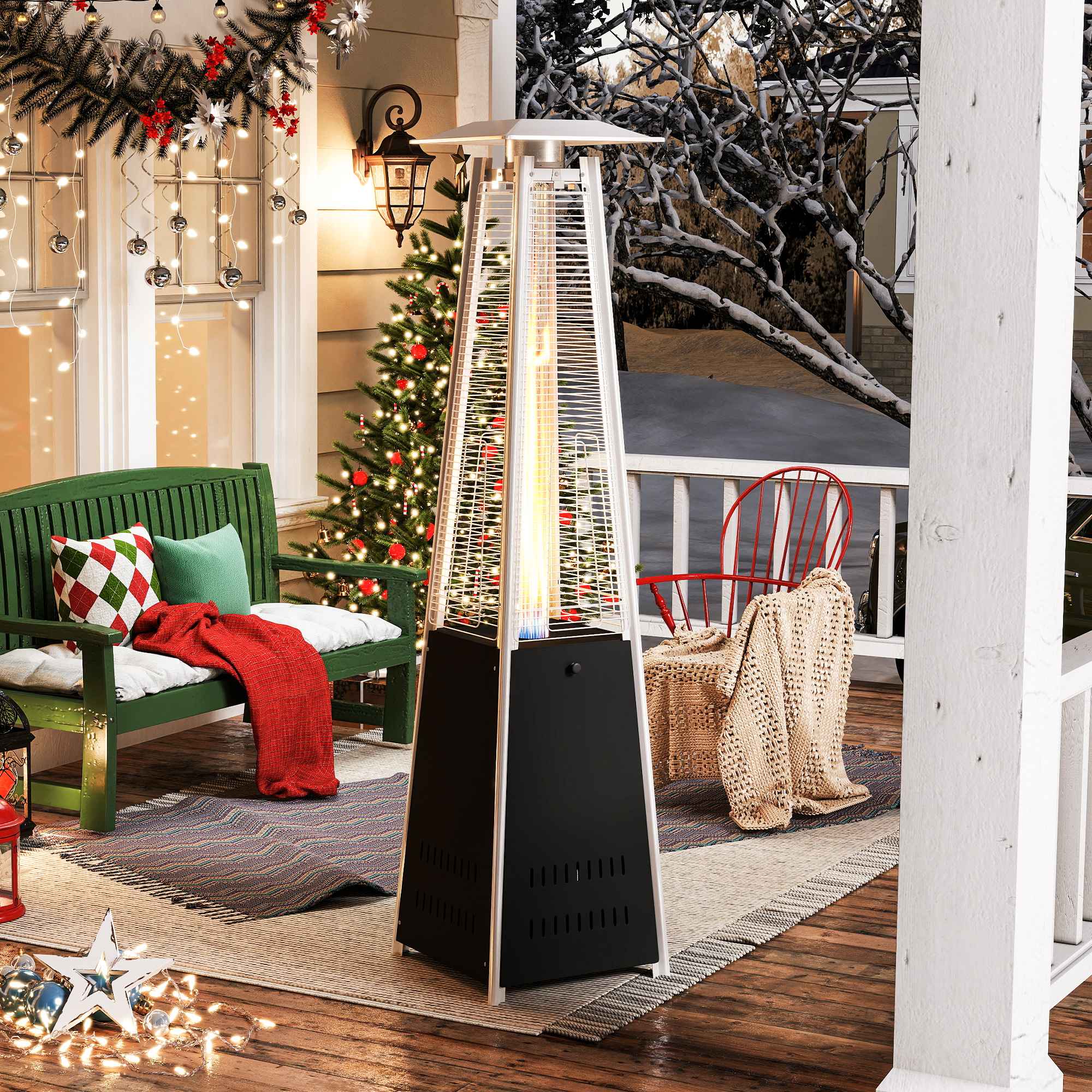 Pyramid Patio Heater Propane Outdoor 42,000 BTU Quartz Glass Tube Flame Heater with Wheels, Black - Luckyermore