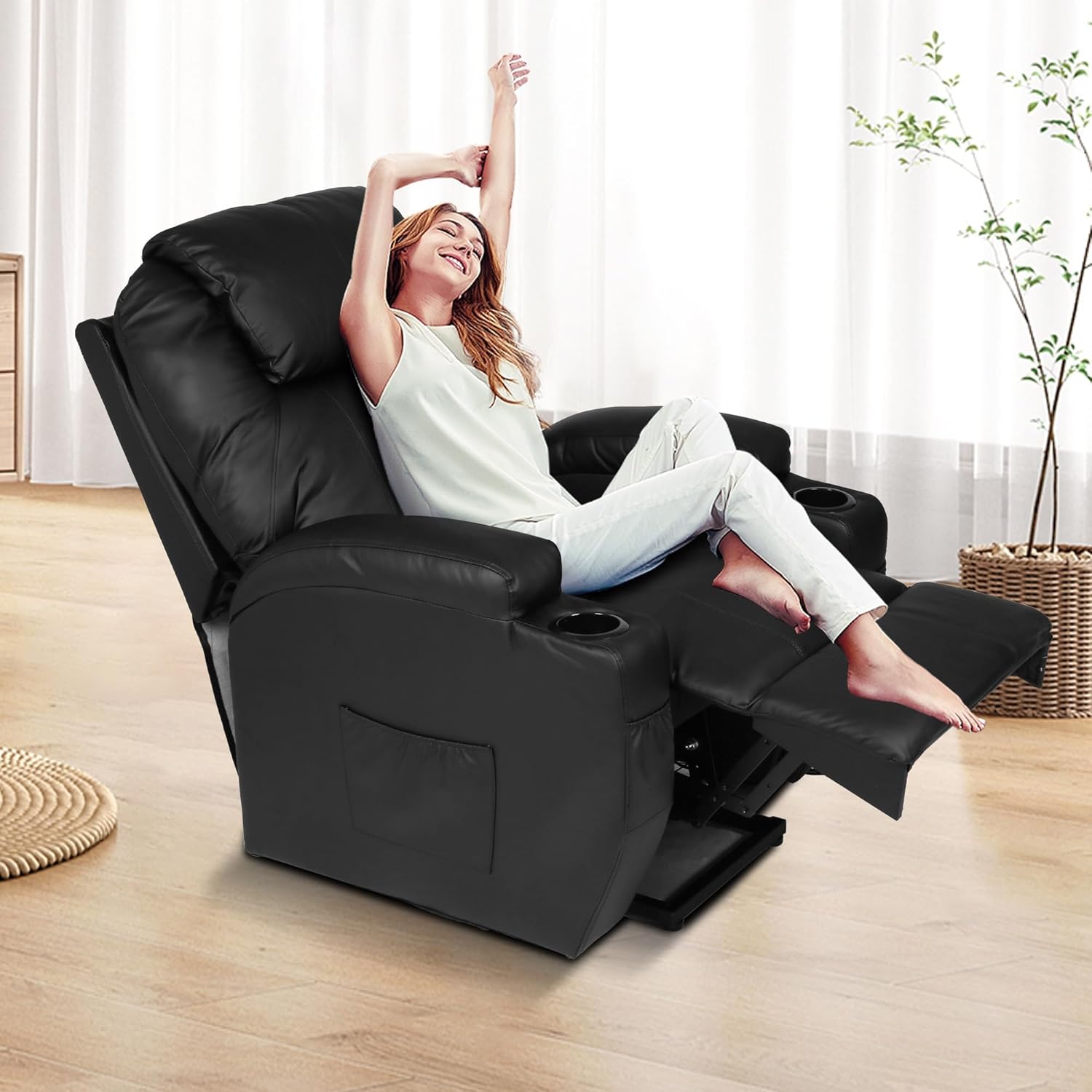 Single Electric Power Lift Recliner Chair for Elderly, Massage Chair Sofa with Heat Remote, Black - Luckyermore