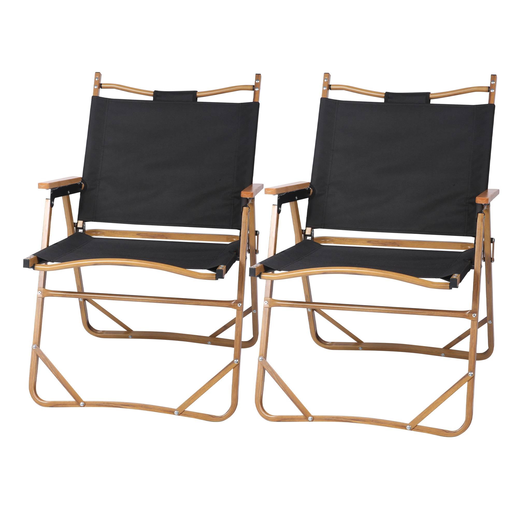 Set of 2 Portable Lightweight Folding Camping Chair with Wooden Armrest Aluminum Frame, Black